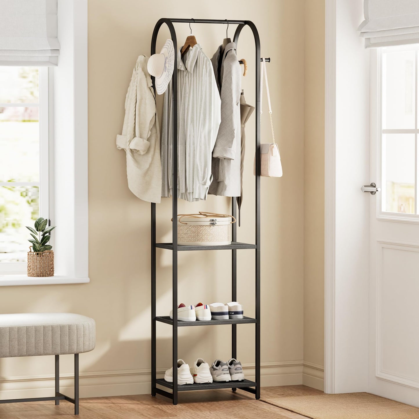 Cerlyunzan Garment Rack, Coat Rack With 3 Shelves and 4 Hooks, 71" H Clothes Stand For Hanging Clothes, Hanging Rod For for Bedroom, Hallway, Entryway, Office, Living Room, Black