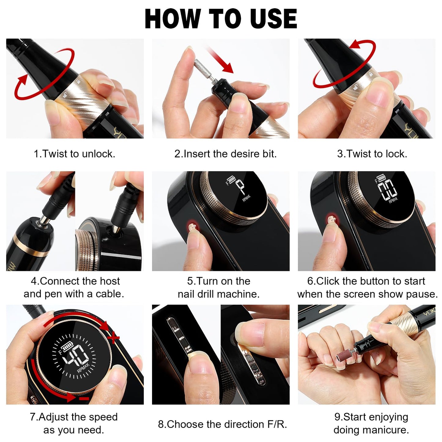 YOKE FELLOW Electric Nail File - 40000 RPM Rechargeable Nail Drill Machine Nail File with 12 Nail Drill Bits for Manicure Pedicure Acrylic Polishing Tools Kit for Salon Home Use