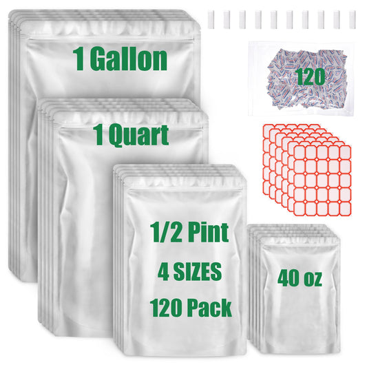 120 Mylar Bags for Food Storage with Oxygen Absorbers 120 x 300cc, Mylar Bags 9 Mil 1 Gallon, 1 Quart, 1/2 Pint, 40 Oz, Stand-Up Zipper Resealable Bags & Heat Sealable Food Storage Bags + Labels