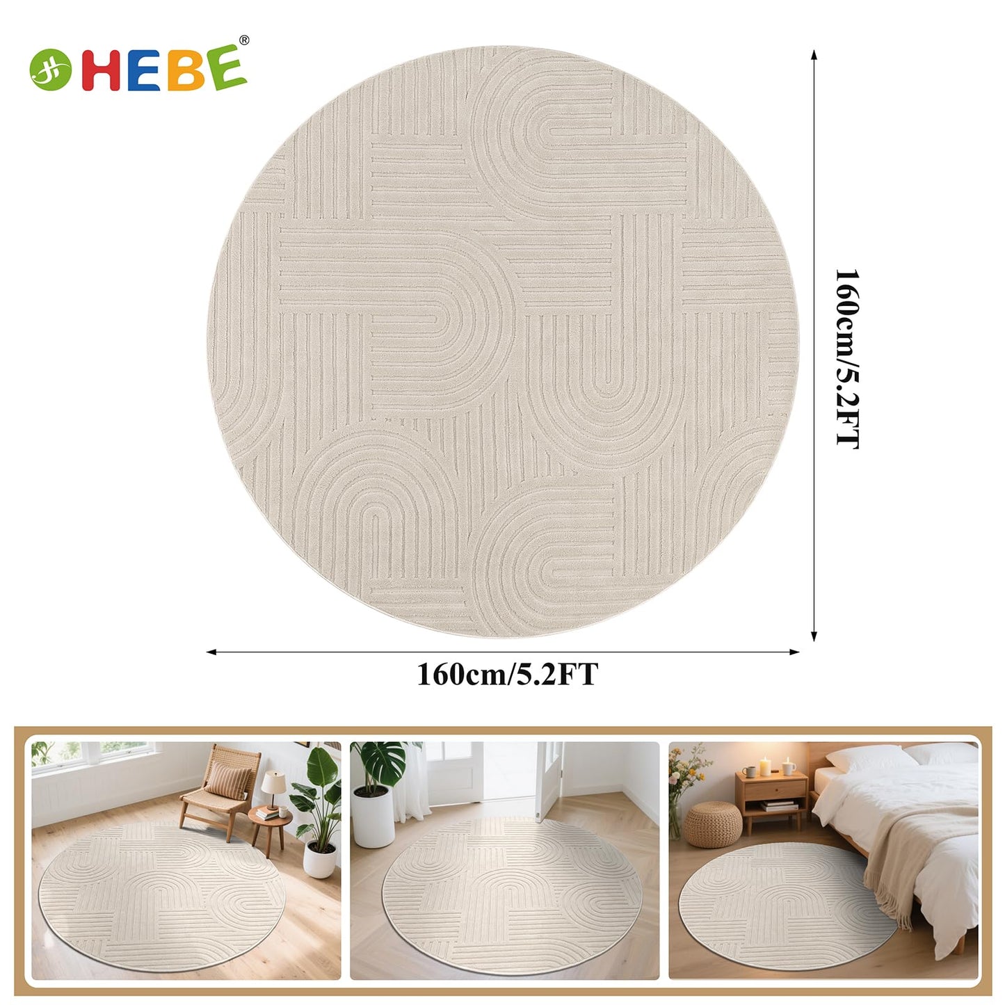 HEBE Round Area Rug 5.2 Ft, Washable Rugs for Living Room Circle Rug, Non Slip Soft Geometric Carpet for Kids Baby Room Bedroom Nursery Home Decor, Beige