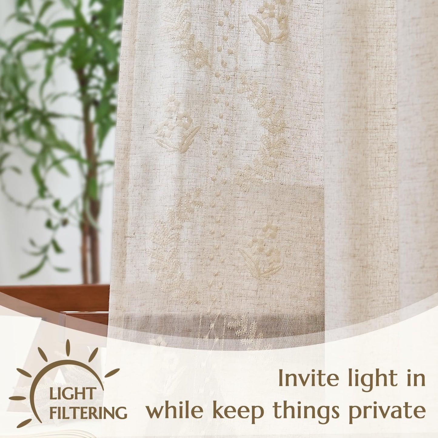 JINCHAN Linen Curtains for Bedroom Floral Curtains 84 Inch Length Linen Blend Ivory Embroidered Drapes Farmhouse Flower Patterned Drapes for Living Room Window Treatments Set 2 Panels