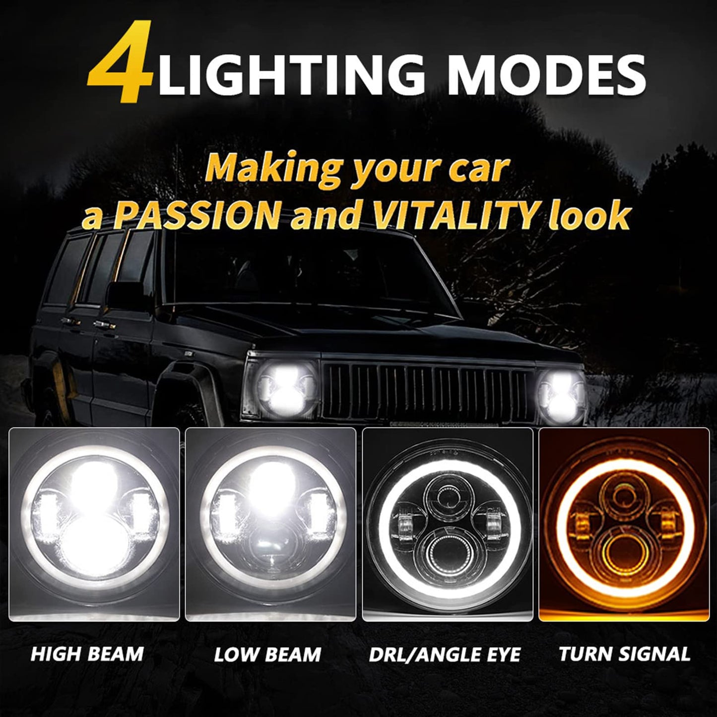 Shkalacar 7inch LED Headlight H4 140W Angel Eyes Round Headlights 4 Modes 14000LM 6000K White/3000K Amber Car Motorcycle Headlight Auto Ring Lights IP67 Waterproof 2pcs