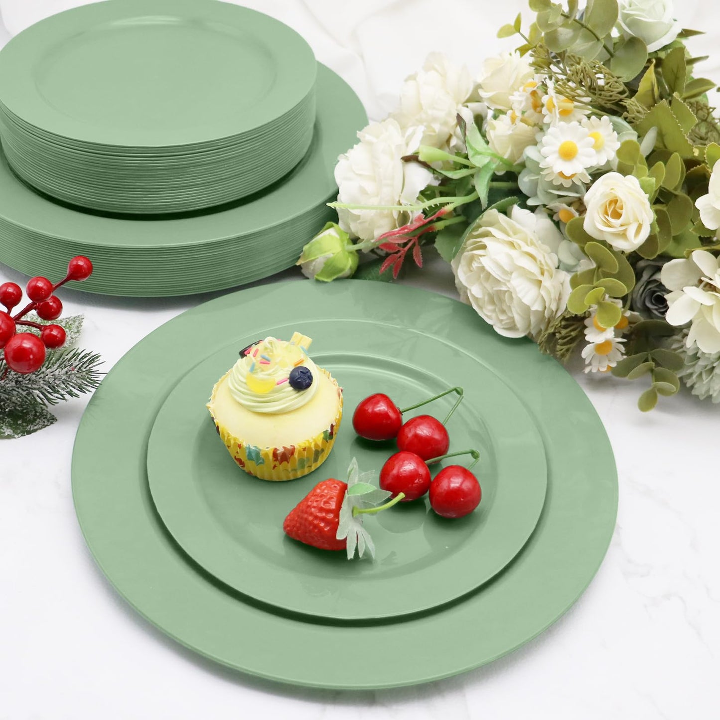 joy akkess 50PCS Sage Green Plastic Plates - Heavy Duty Sage Green Plates Disposable include 25 Dinner (10.25") & Dessert/Salad (7.5") for Birthday, Baby Shower, Wedding