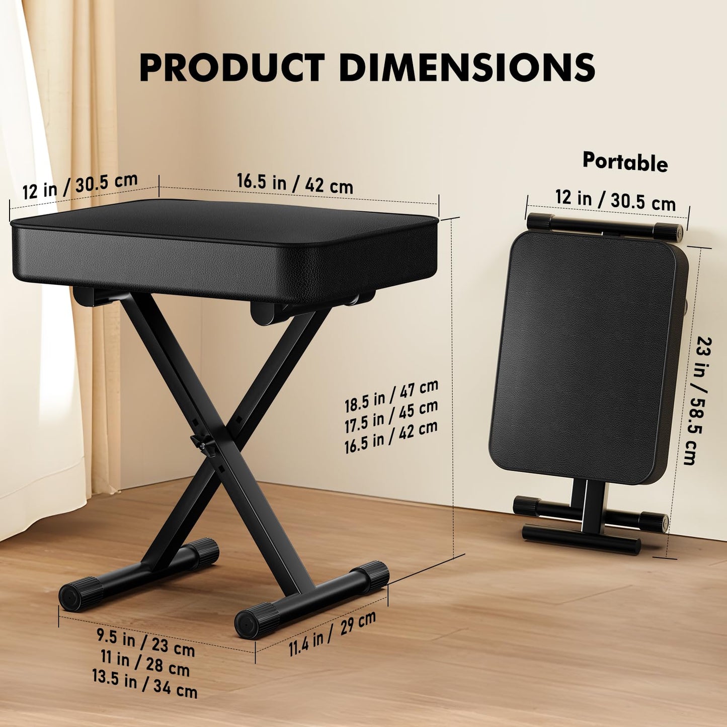 GLEAM Keyboard Bench X-Style Height Adjustable 16.5-18.5in Padded Cushion Piano Stool Bench Keyboard Chair for Keyboards Piano