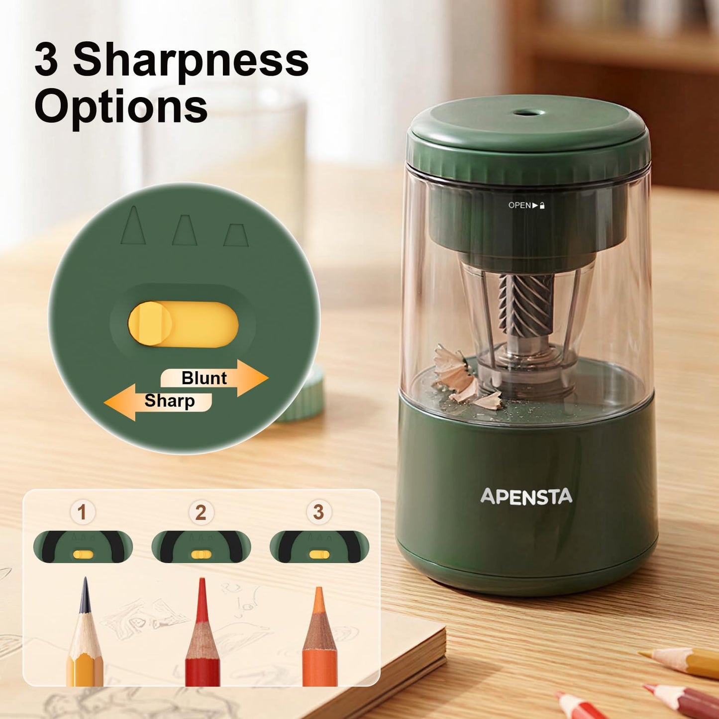 Apensta Electric Pencil Sharpener, Auto in & Out, Adjustable Tip