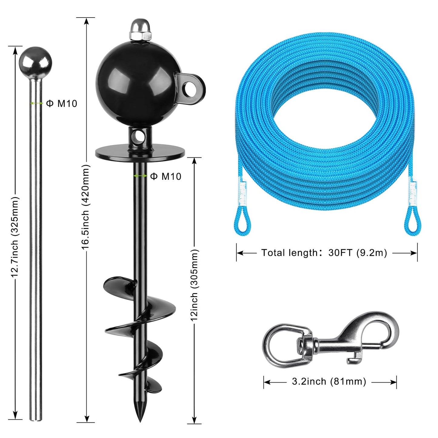 SELEWARE Anti-Rust Tie Out Stake Outdoor Anchor for Large Dogs up to 220 lbs With 30 ft Long Leash