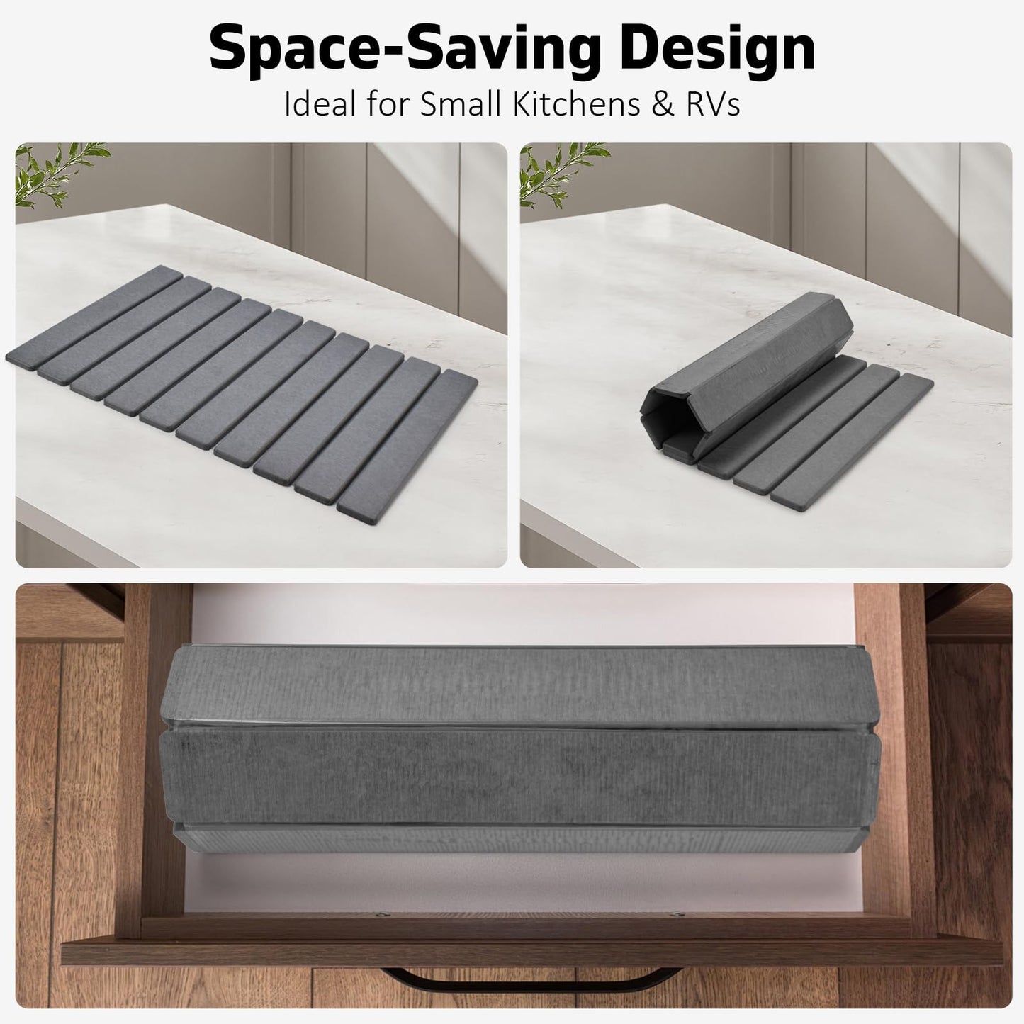 Large Stone Dish Drying Mats for Kitchen Counter, 61"×41" with 20"x 10" Coasters, Super-Absorbent, Quick-Dry, Collapsible Diatomaceous Earth, Used for Holding Tableware, Bottles and Cups【Gray】