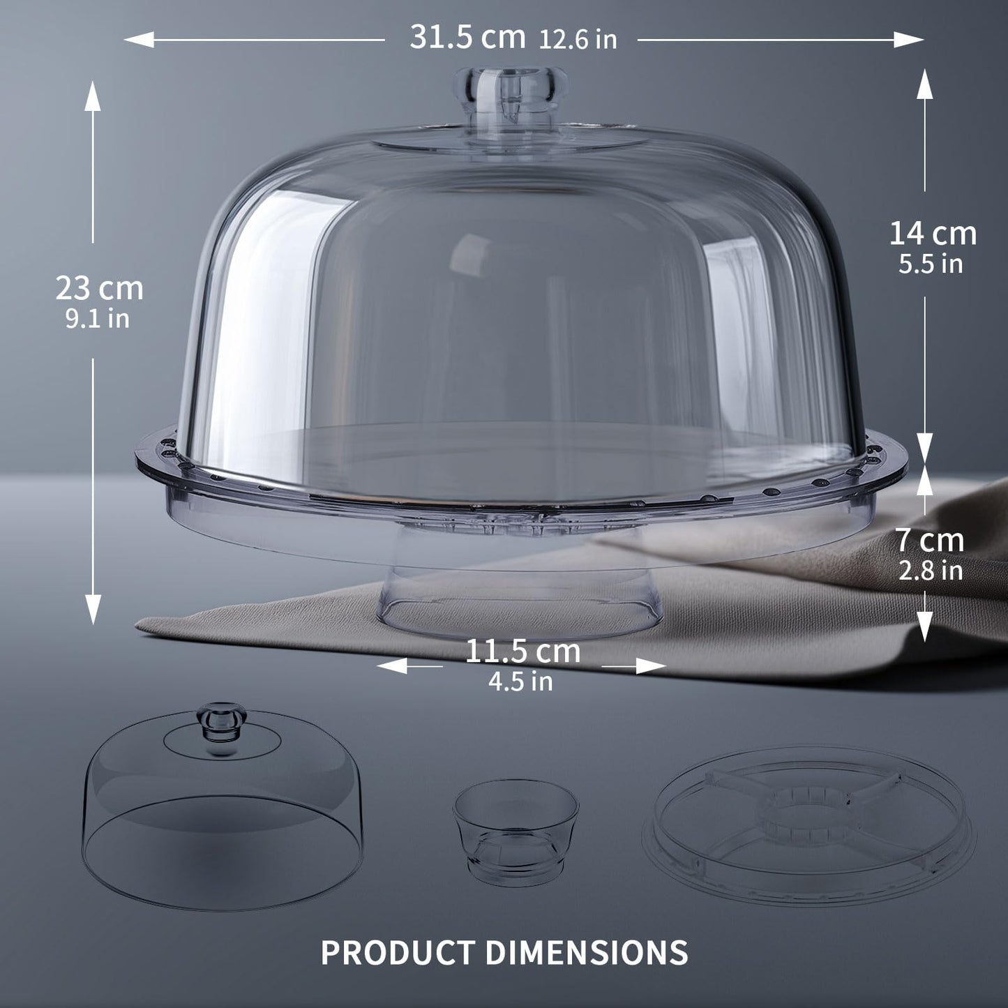 Cake Stand with Demo Cover, 6 in 1 Multi-Functional Serving Platter Display Stand for Christmas Wedding Party, Acrylic Cake Plate/Salad Bowl/Dessert Platter, BPA-Free, Send 1 Fork and 1 Spoon