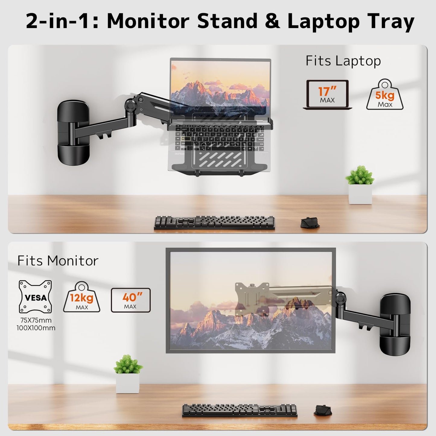 PUTORSEN Laptop Wall Mount, 2-in-1 Monitor Wall Mount for 10-17'' Notebook & 17-40" Screen, Full Motion Adjustable with Laptop Tray, Holds 2.2-26.4 lbs, VESA 75/100mm (Black)