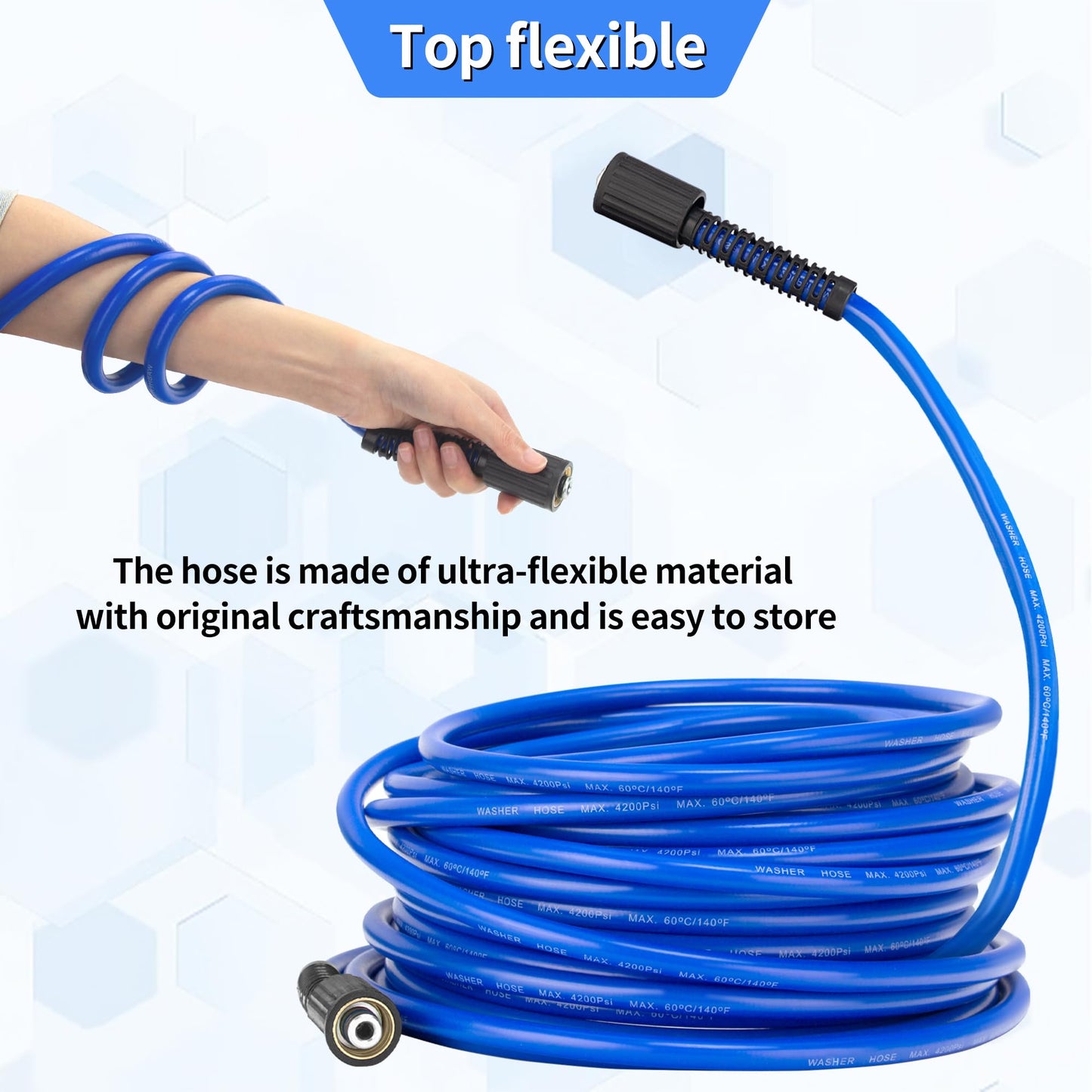 Pressure Power Washer Hose 50 FT x 1/4", Super Flexible Kink Resistant Car Washer Replacement with M22 Fittings & 3/8" Quick Connect Adapters for Ryobi Troy Bilt Flexzilla Greenworks & More, 4200PSI