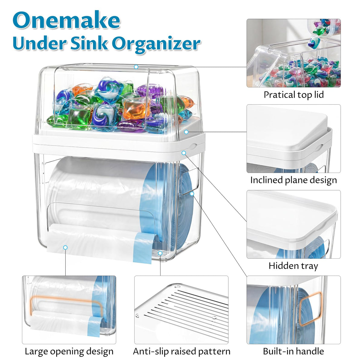 Onemake 3-in-1 Acrylic Trash Bag Dispenser & Laundry Pods Container Organizer, Extra Large Garbage Bag Holder for Kitchen Laundry Room Under Sink Pantry Organization and Storage (Clear, XL)