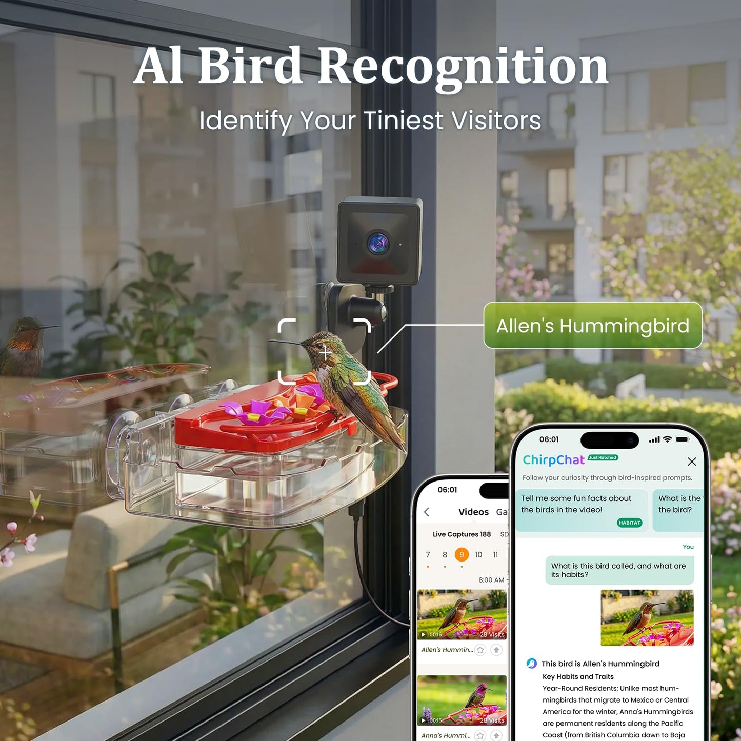 Freeseason 2K Smart Window Hummingbird Feeder Camera with AI Identify, Auto-Capture Fast Moments, IP65 Waterproof & Ant Moat, Strong Suction for Apartment/Cat TV, Best Gift for Bird Lovers