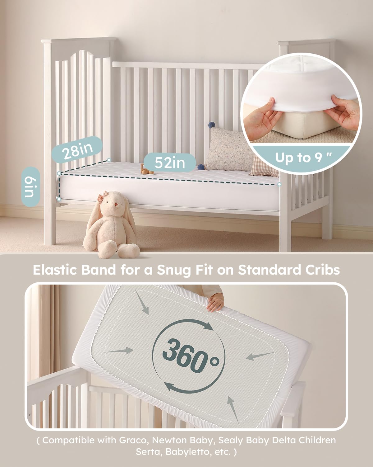 Yoofoss 2 Pack Waterproof Crib Mattress Protector, Quilted Fitted Crib Mattress Pad, Ultra Soft Breathable Toddler Mattress Protector Baby Crib Mattress Cover Breathable and Hypoallergenic(52''x28'')