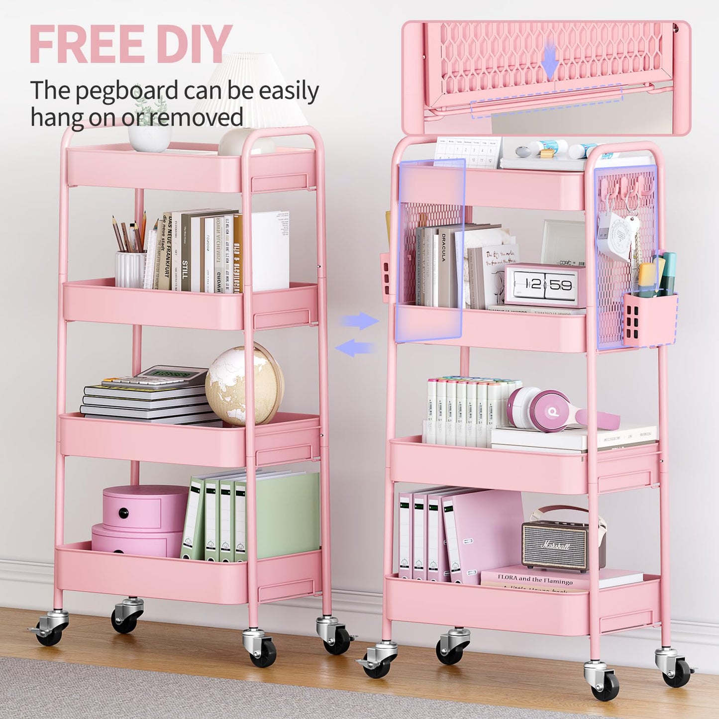 TOOLF 4 Tier Rolling Cart with Pegboard, Metal Storage Organizer Cart with Wheels, Hooks & Bins Esthetician Craft Art Sturdy Storage for Bathroom, Kitchen, Office, Nursery Diaper