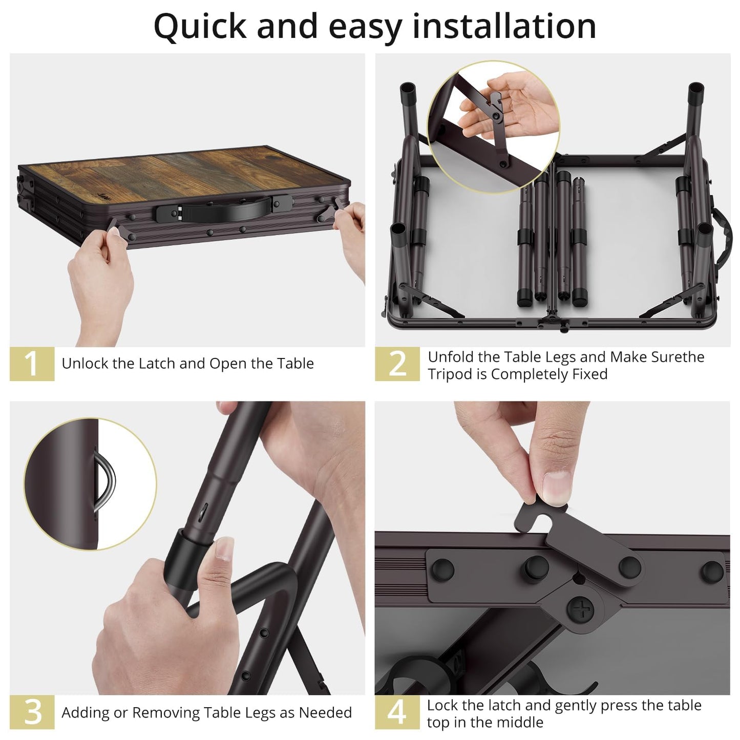 Anbte 2ft Camping Table Foldable with Storage Net, 3 Adjustable Heights 27.5" Aluminum Small Portable Table with Carrying Handle, for Outdoor Indoor Picnic Beach Party Travel, 24" X 16", Brown