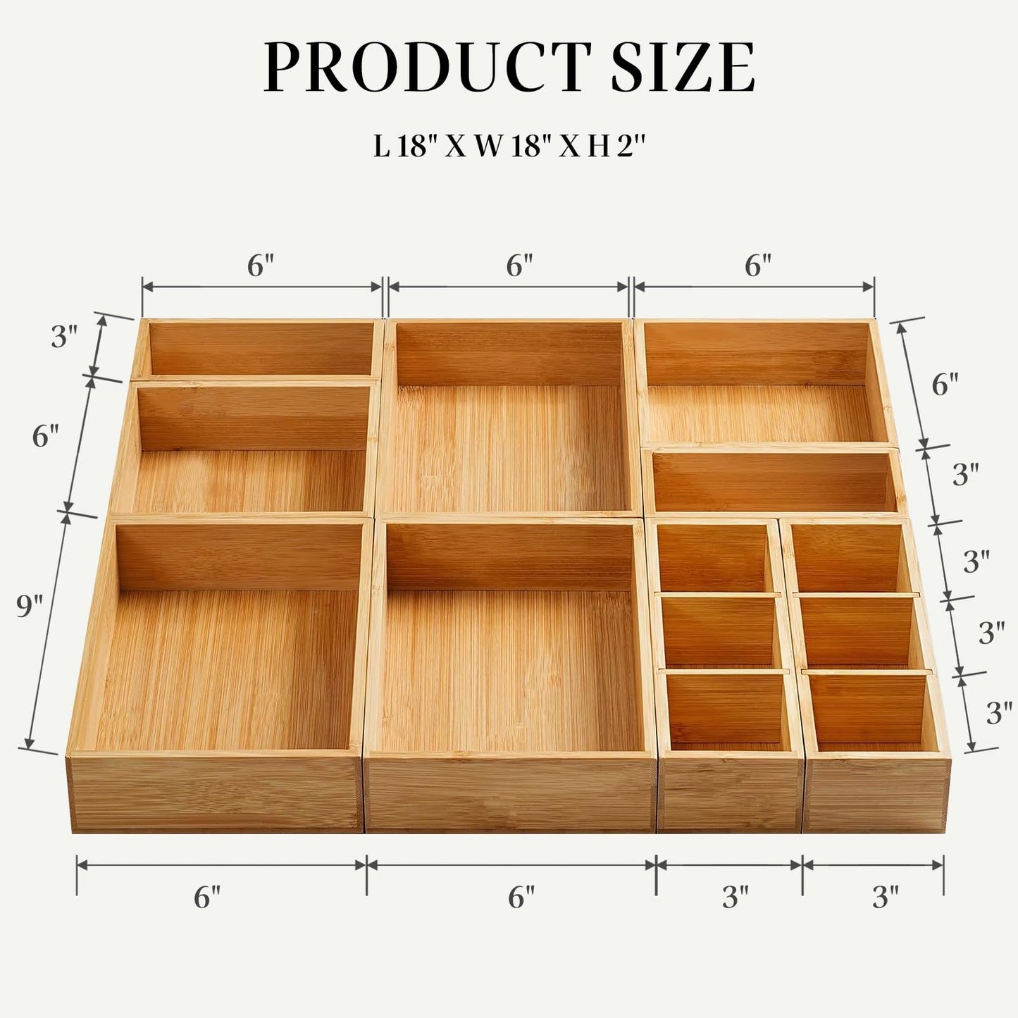 Drawer Organizer, Set of 9 Bamboo Wood Kitchen Makeup Desk Junk Tea Drawer Storage Boxes Bins for Cutlery Silverware Utensils Flatware, Small Wooden Container Tray for Bathroom, Office