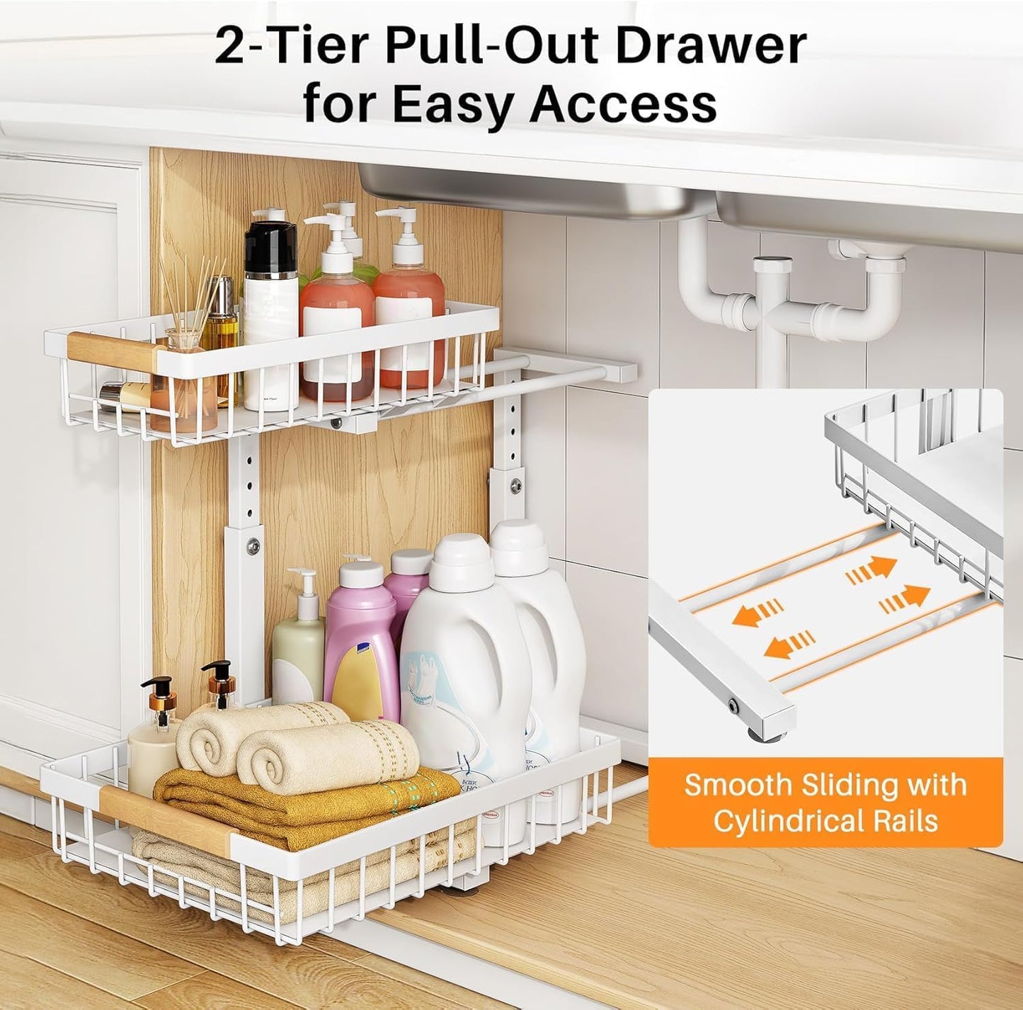 PXRACK 2 Pack Under Sink Organizer,Adjustable Height,2 Tier Pull Out Under Cabinet Organizer,Slide Out Thickened Metal Under Sink Storage for Kitchen Bathroom Laundry Cabinet Pantry,White
