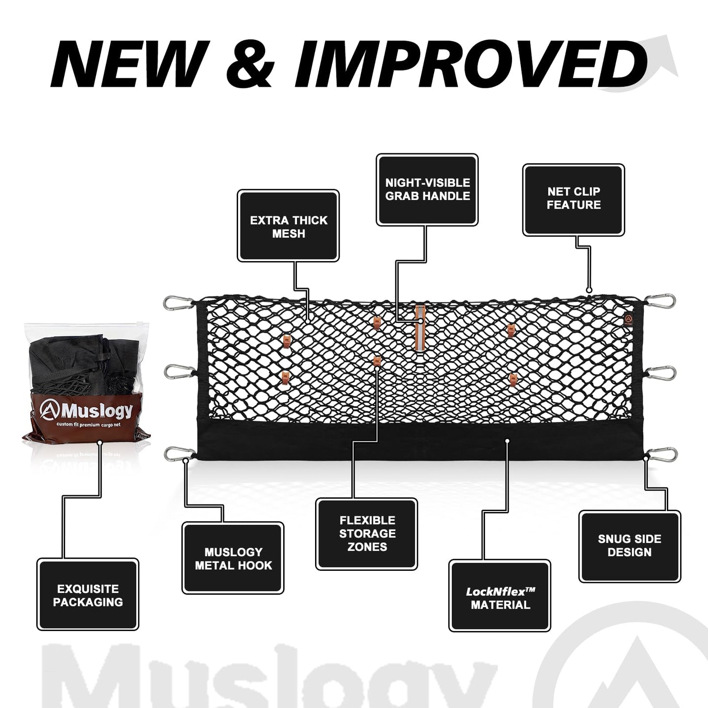 Muslogy Truck Bed Cargo Net Compatible with Chevy Silverado & GMC Sierra 2019-2025 Accessories Storage Organizer Pickup Truck Bed Envelope Style Cargo Net with Heavy Duty Carabiners