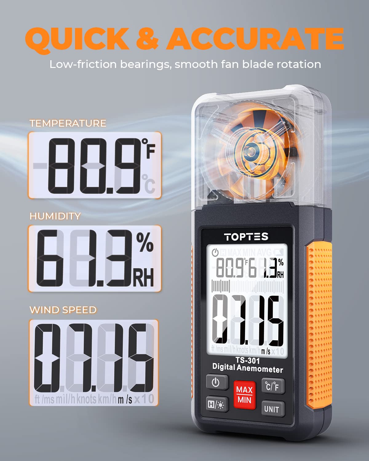TopTes TS-301 Anemometer Handheld Wind Speed Meter with 2.26-inch LCD Screen, Backlit Air Flow Meter with 6 Measuring Units, Wind Gauge for Sailing/Surfing/Shooting/Drone/Home Vent - Orange