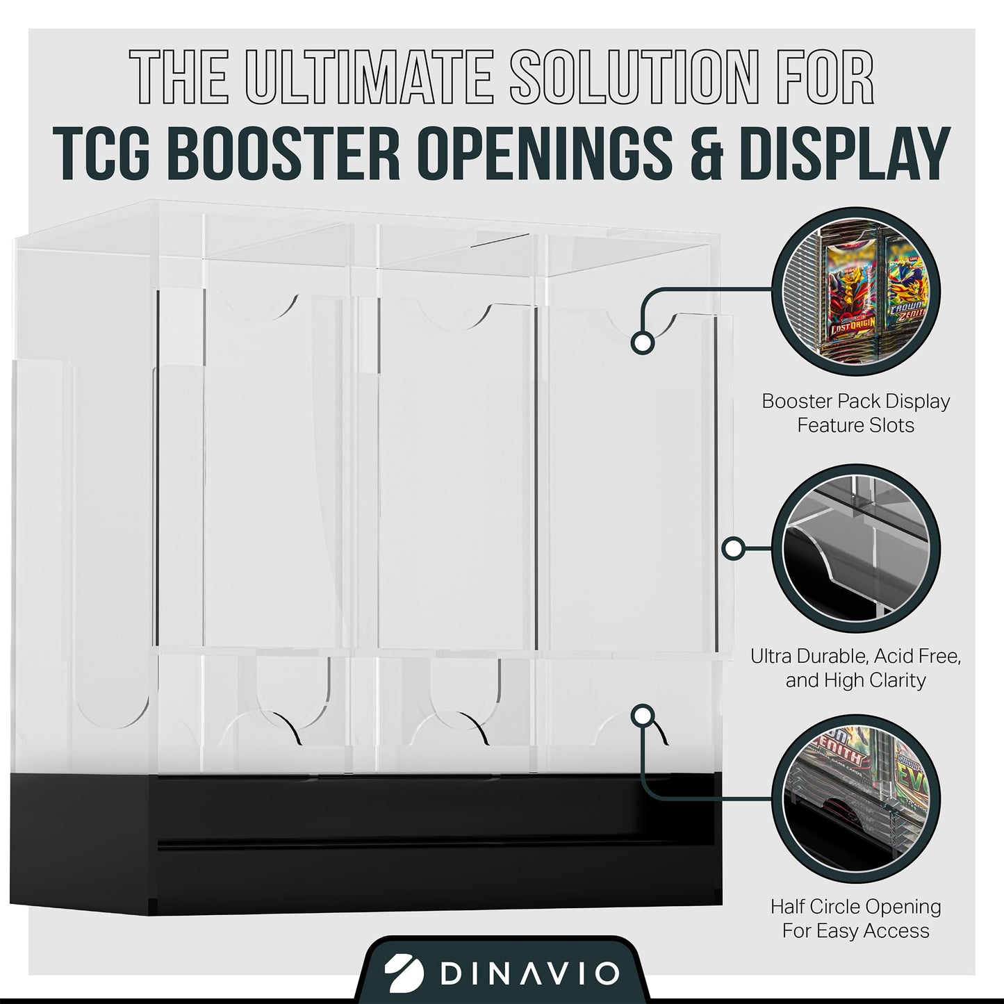 Dinavio Crafthouse 3-Slot Booster Pack Dispenser with Black Base - Fits 120 Booster Packs for Dispensing - Compatible with TCG Trading Card Boosters and Sports Card Boosters - 4mm Acrylic Stackable
