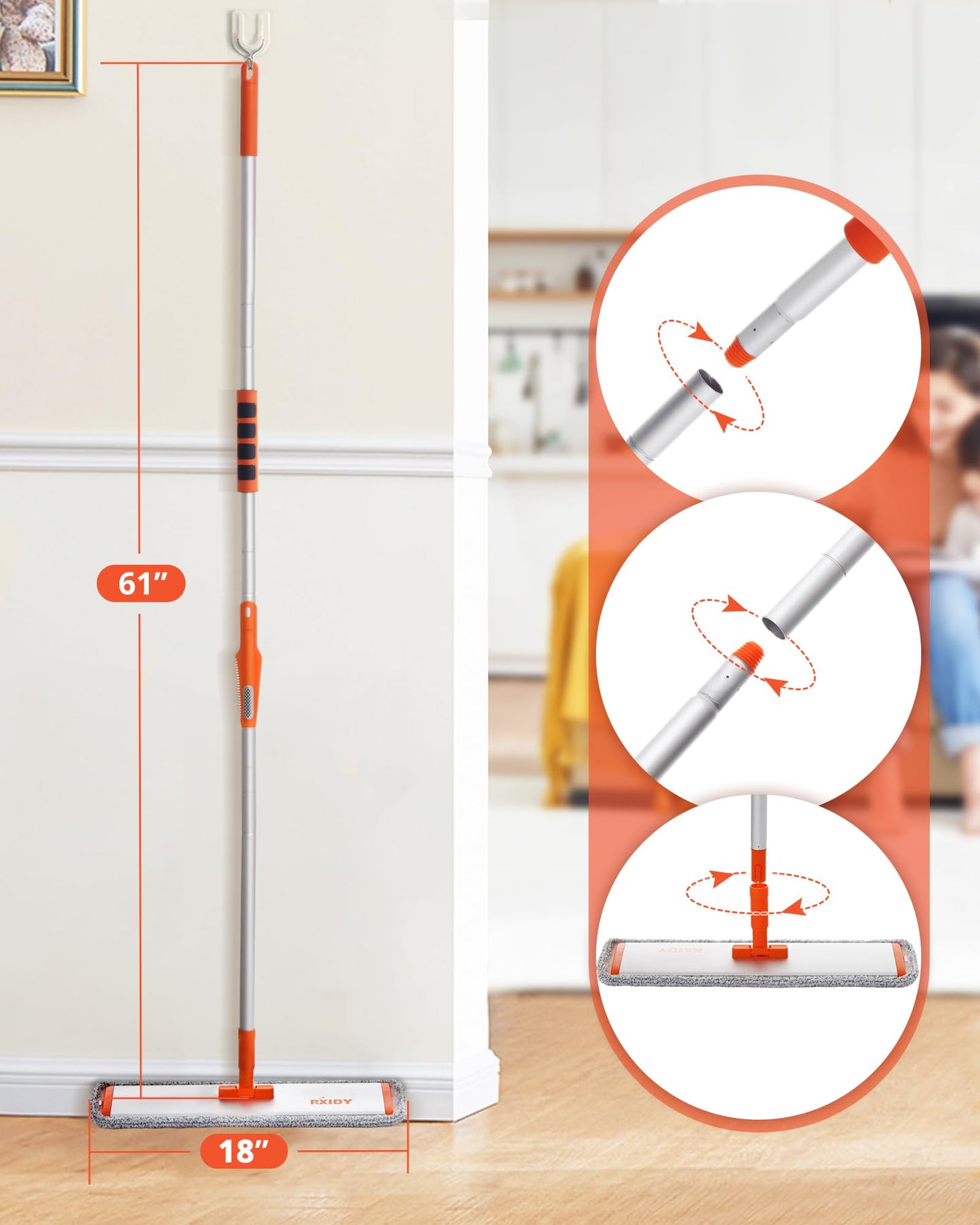 RXIDY Microfiber Mop 18" Large Flat Mop with 4 Reusable Washable Pads Professional Floor Mops with Aluminum Handle Wet and Dust Mops for Laminate Vinyl Tile Hardwood Floor Cleaning