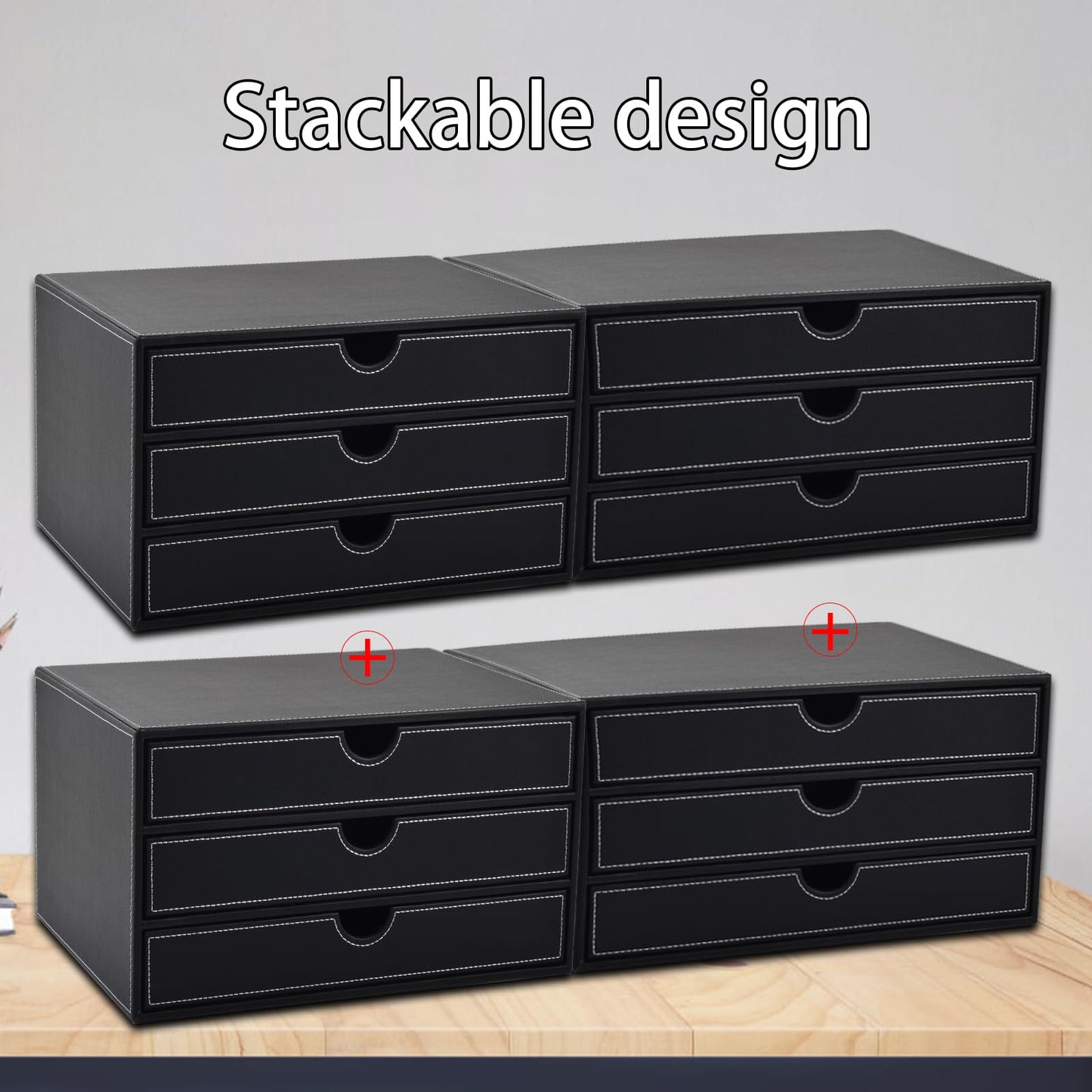 Faux Leather Desk Organizer with3 Drawers Executive Office Supplies Desktop Filing A4 File Cabinet/Holder,Stackable Storage Box for Jewelry/Bill/Paper/Documents/Makeup Home Decor Accessories(Black)