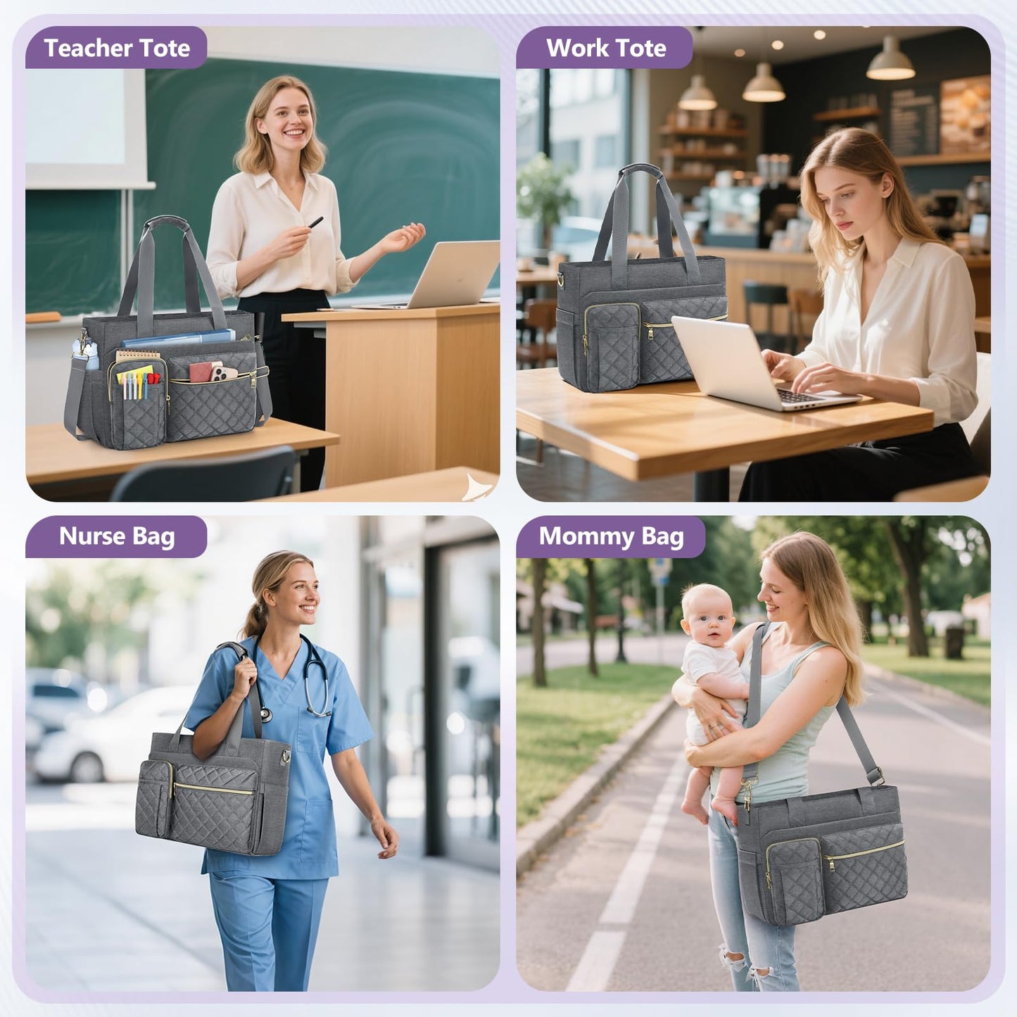 SDYSM Teacher Tote Bag for Women 15.6 inch Laptop Bag Work Bags Nurse Tote Professional Computer Messenger Shoulder Bags Laptop Briefcase for Office, College, Nursing,Grey