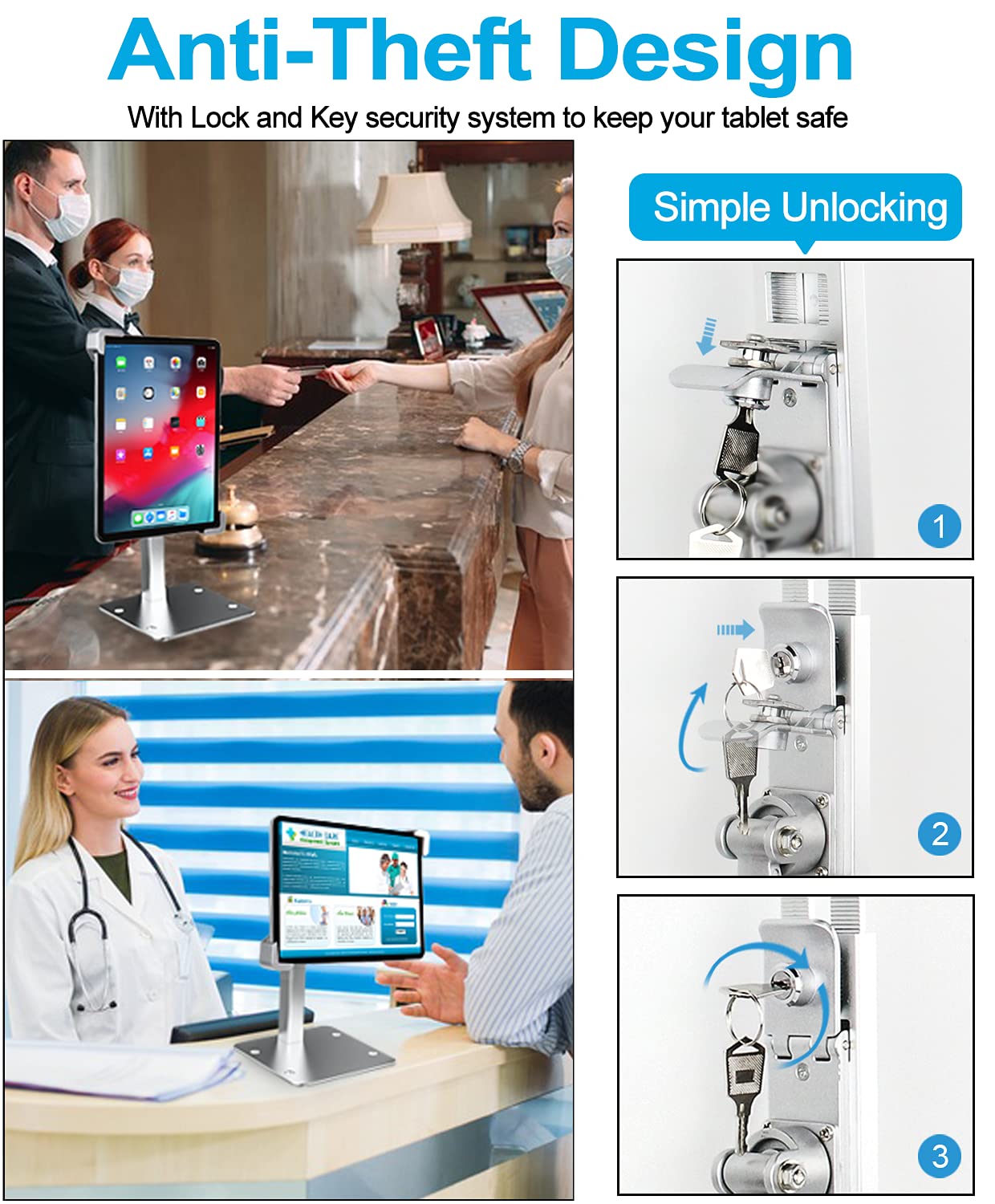 Anti Theft Tablet kiosk Stand for 9"-14" Tablet, woleyi Security iPad Desk floor stand, Heavy Duty Tablet POS Display Mount with Lock and Key, Compatible iPad Pro 12.9/Air, Surface Pro/Go, Galaxy Tabs