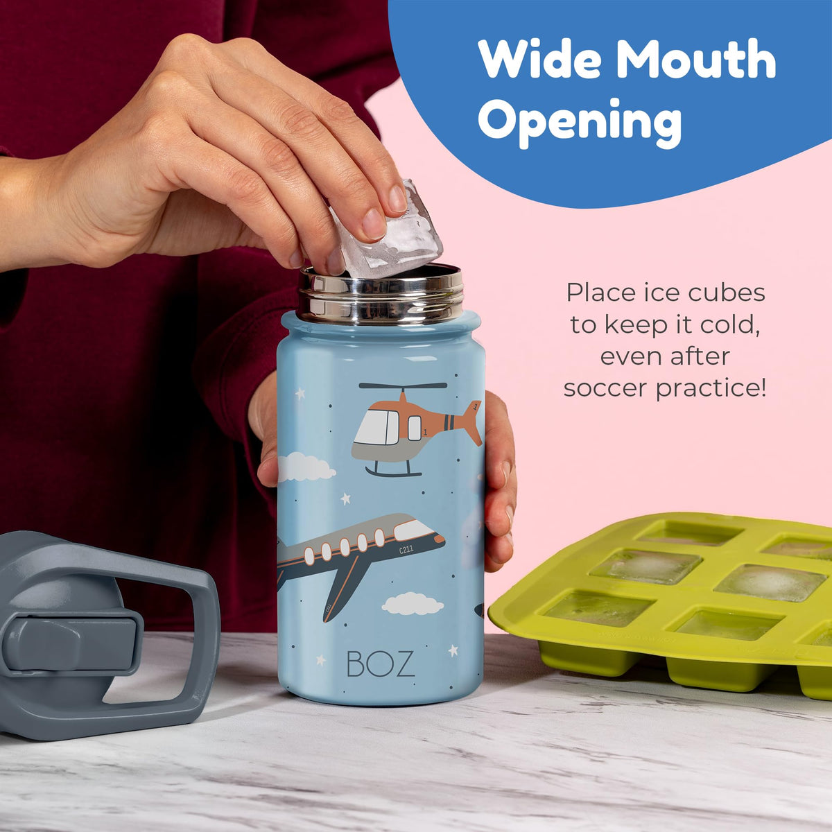BOZ Kids Insulated Water Bottle with Straw Lid - Two-Pack Bundle, Construction/Safari, Stainless Steel Vacuum Double Wall Water Cup, 14 oz (414ml). Scratch-Resistant and Carry Handle, Dishwasher-Safe