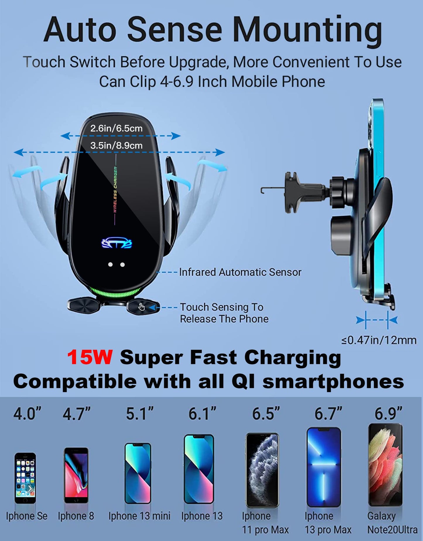 Wireless Car Charger, 15W Qi Fast Charging Car Phone Holder Mount, Auto Clamping Car Charger Phone Mount, Windshield Dashboard Air Vent Phone Holder, for iPhone 14/13/12/11/X, for Samsung Galaxy Note