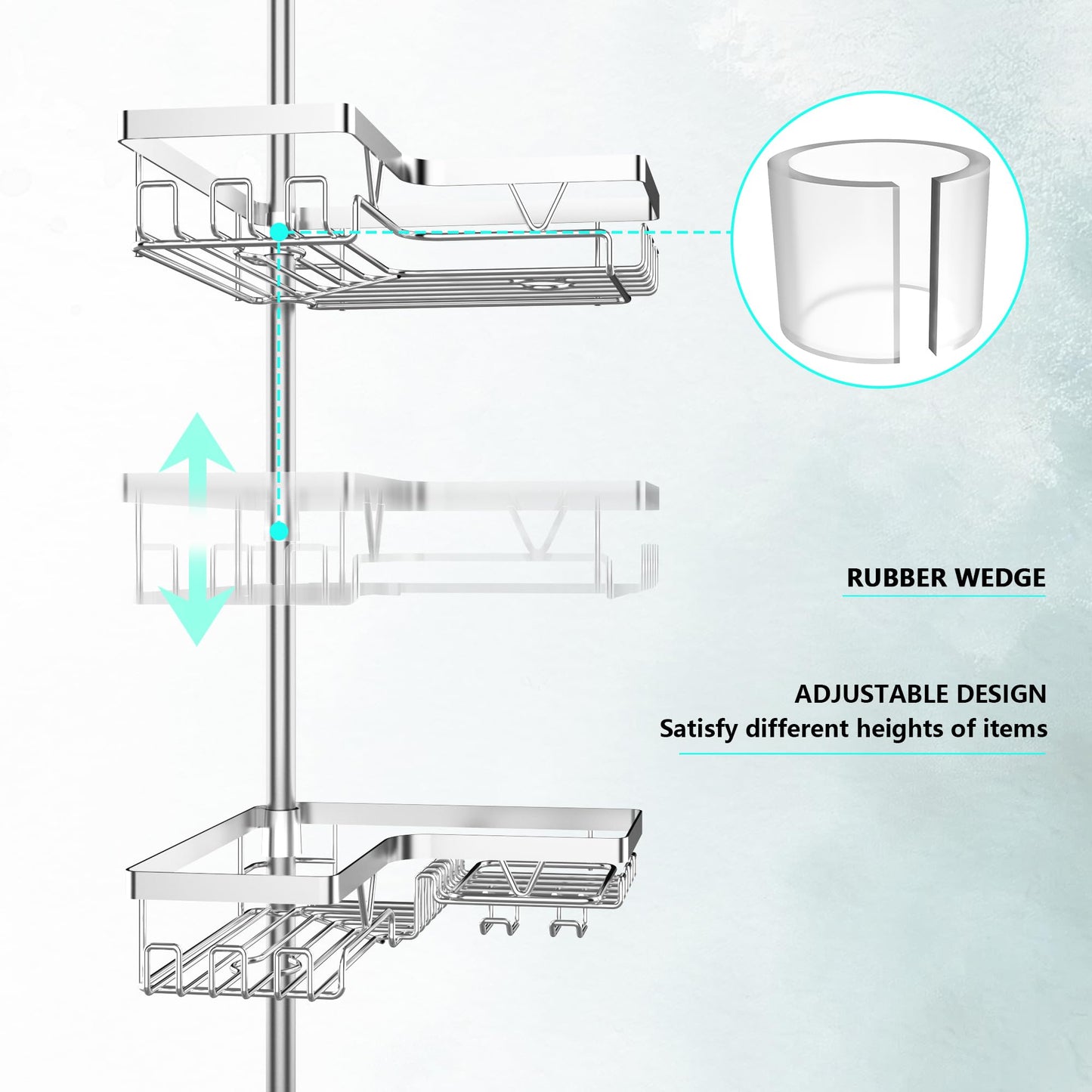 DAOYA Shower Caddy Tension Pole - Corner Shower Caddy with Soap Holder Bathroom Organizer for Tub (Stainless Steel, Silver, Floor to Ceiling 25-114.2 inch)