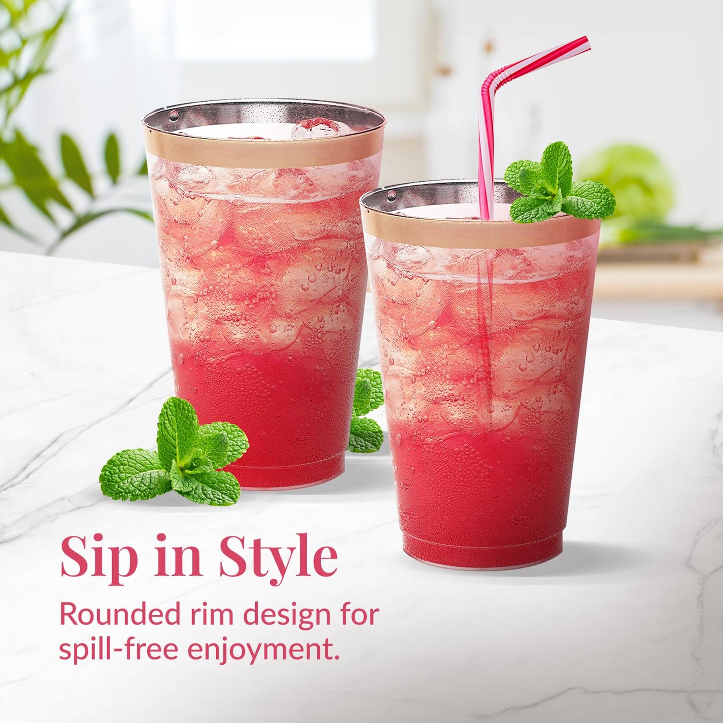 Rose Gold Plastic Cups - 14 oz, 50 Pack - Clear Disposable Party Tumblers with Rose Gold Rim - Elegant Wedding Drinkware - Bulk Plastic Cups