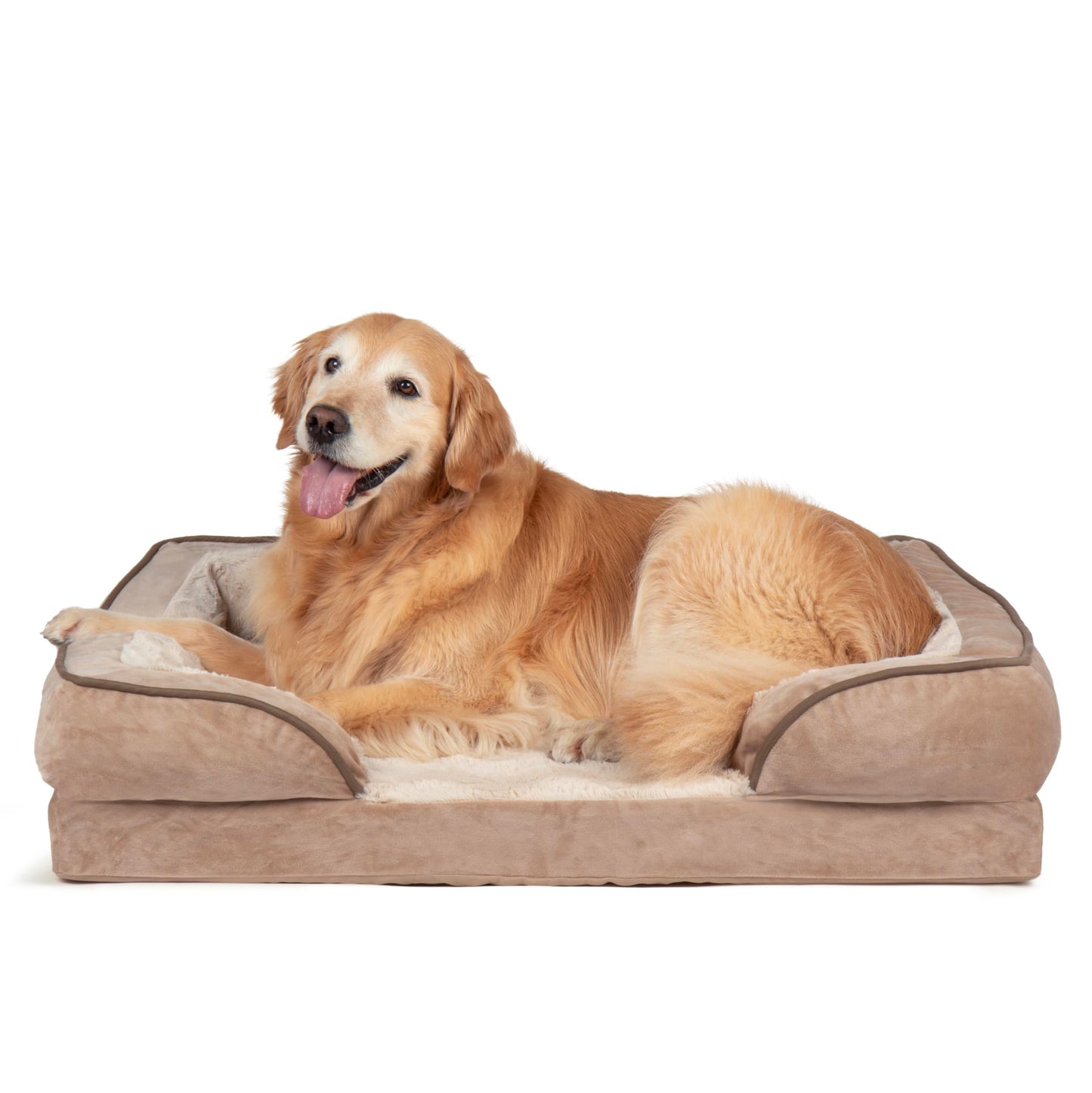 Furhaven Cooling Gel Dog Bed for Large/Medium Dogs w/Removable Bolsters & Washable Cover, for Dogs Up to 55 lbs - Plush & Velvet Waves Perfect Comfort Sofa - Brownstone, Large