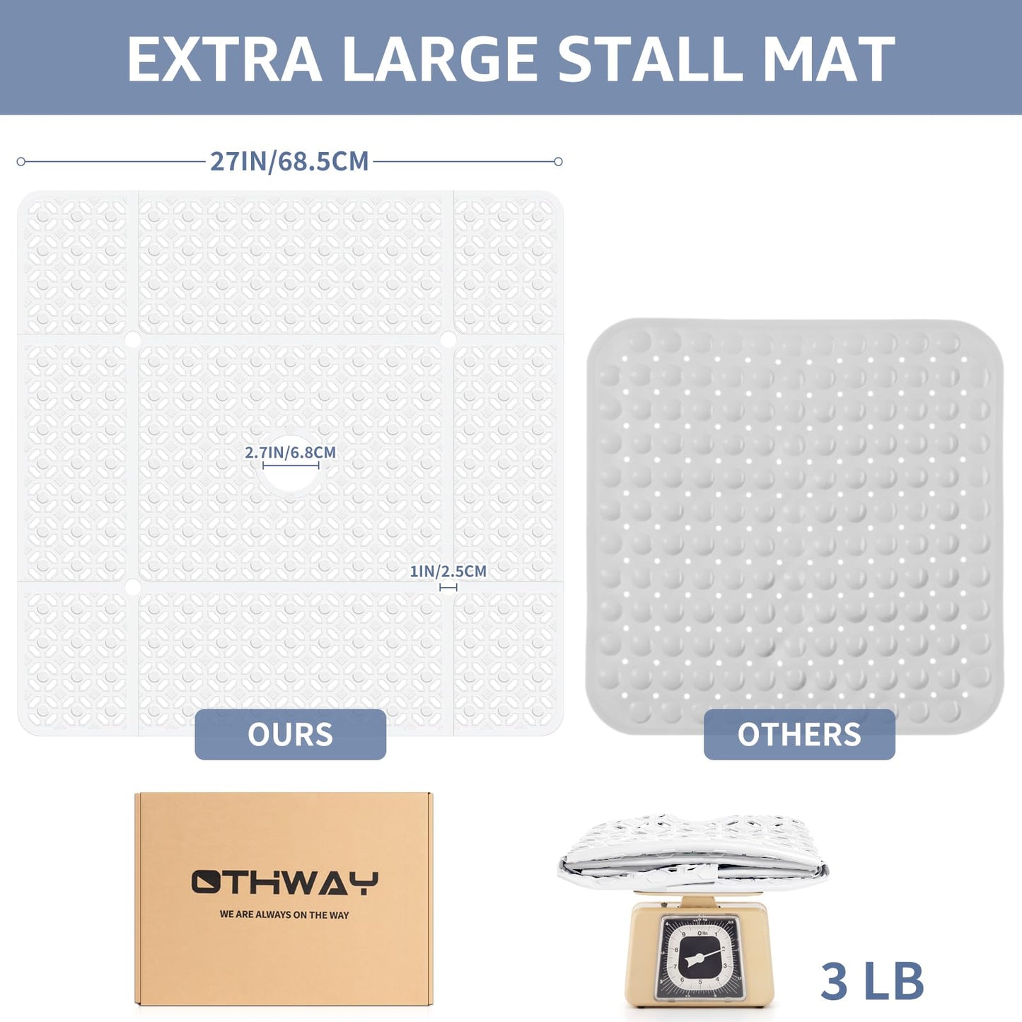 OTHWAY Square Shower Mat, 27"x 27" Extra Large Shower Mats for Inside Shower, TPE Anti Slip Shower mat with Suction Cups Drain Holes, Machine Washable Shower Floor Mat (White)