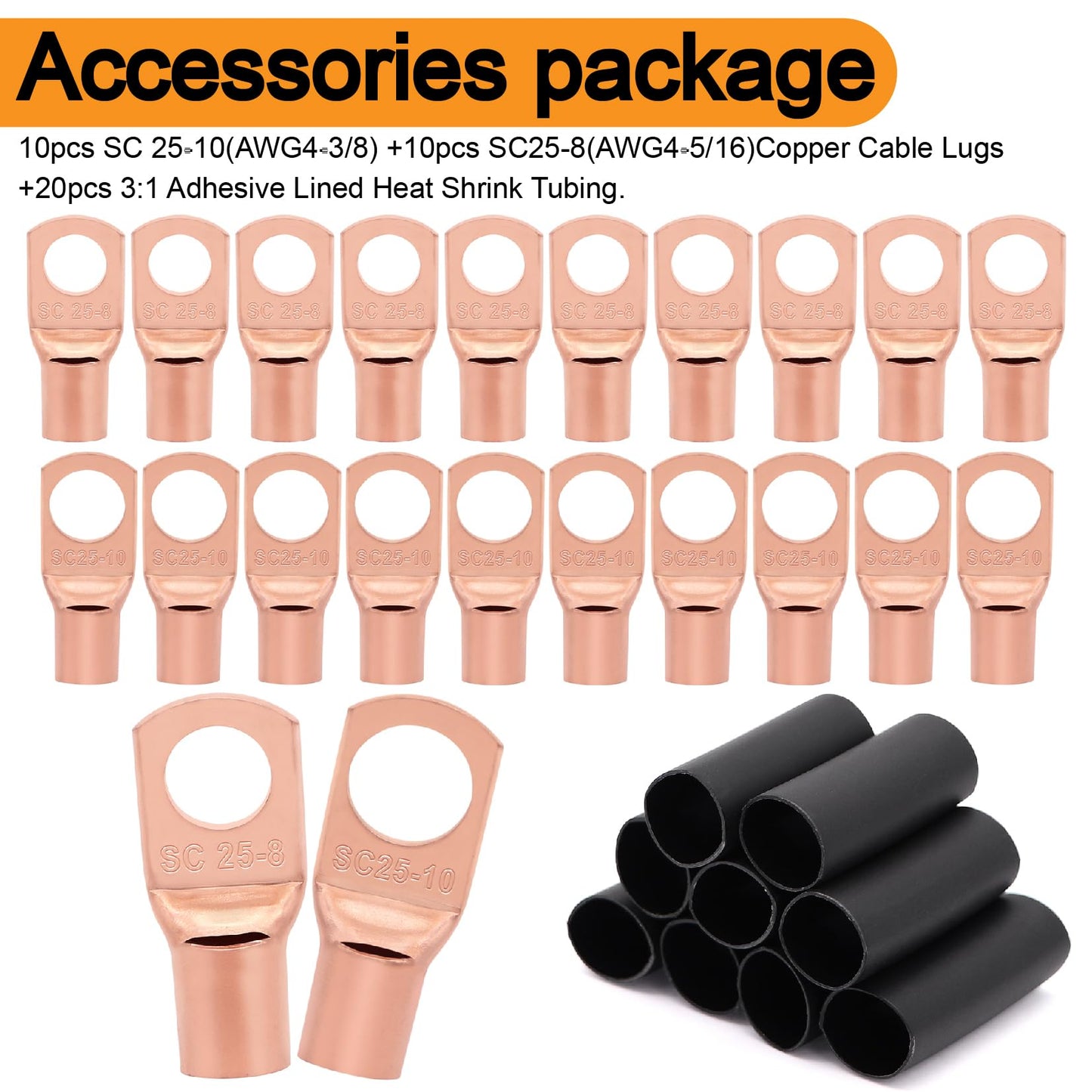 4 Gauge Wire (25ft Each- Black/Red) Copper Clad Aluminum CCA,20pcs Lugs Terminal Connectors with 3:1 Heat Shrink Tube for Power/Auto,Amplifier,Ground Cable