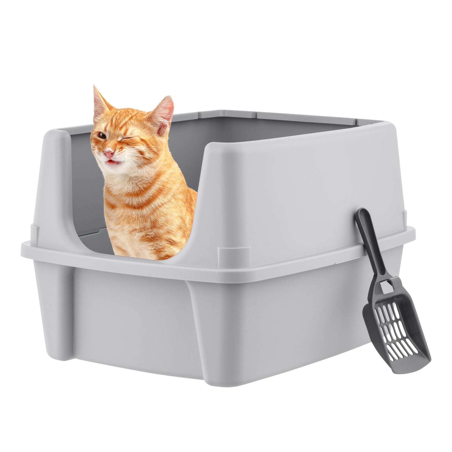 IRIS USA Large Cat Litter Box with Scatter Shield and Scoop, Open Top High Sided Cat Litter Pan, Silver