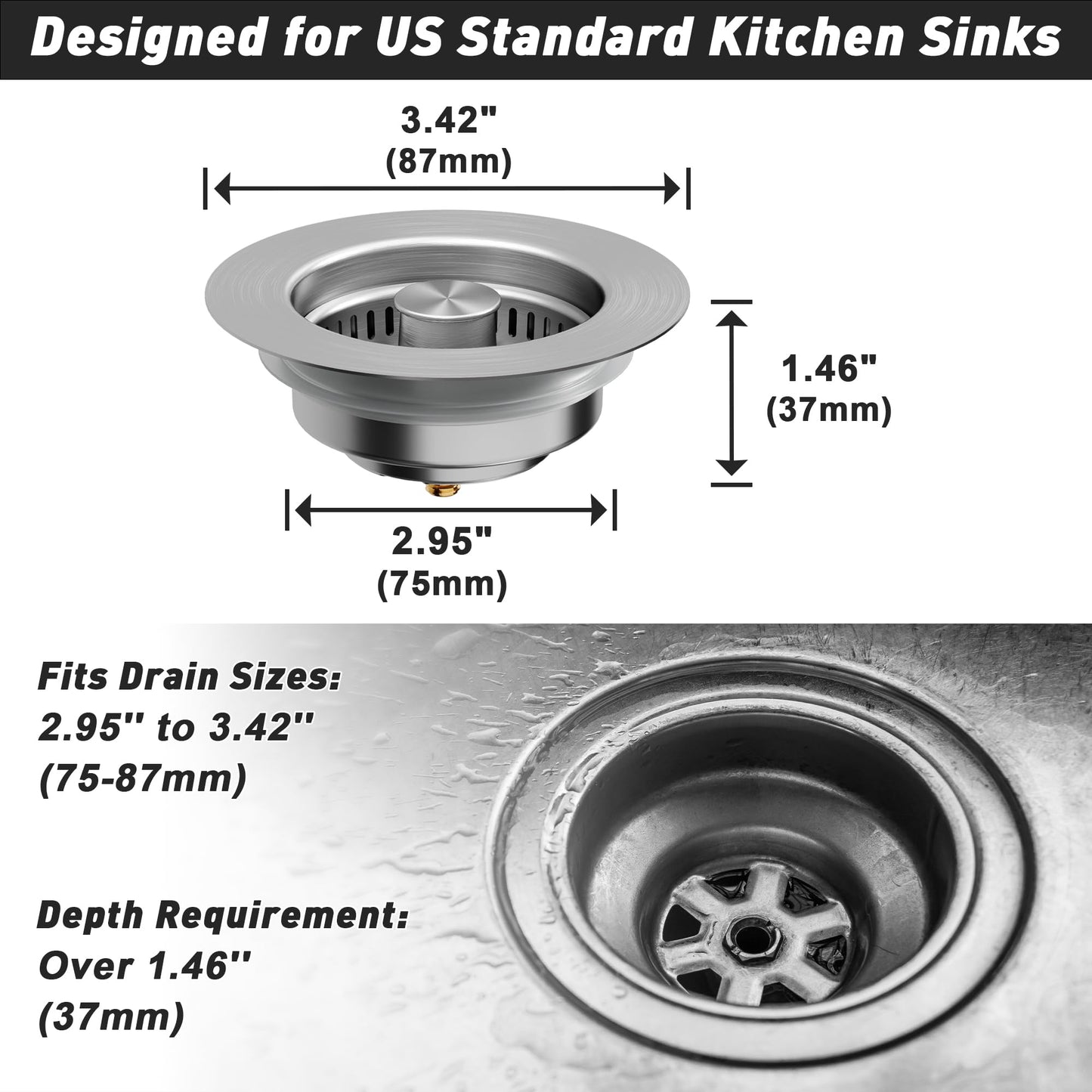 Kitchen Sink Drain Strainer 3-in-1, Stainless Steel Pop-Up Sink Stopper with Copper Bounce Core, Anti-Clog Food Catcher Basket, Universal Brass Strainer for US Standard 3-1/2 Inch Drains (2)