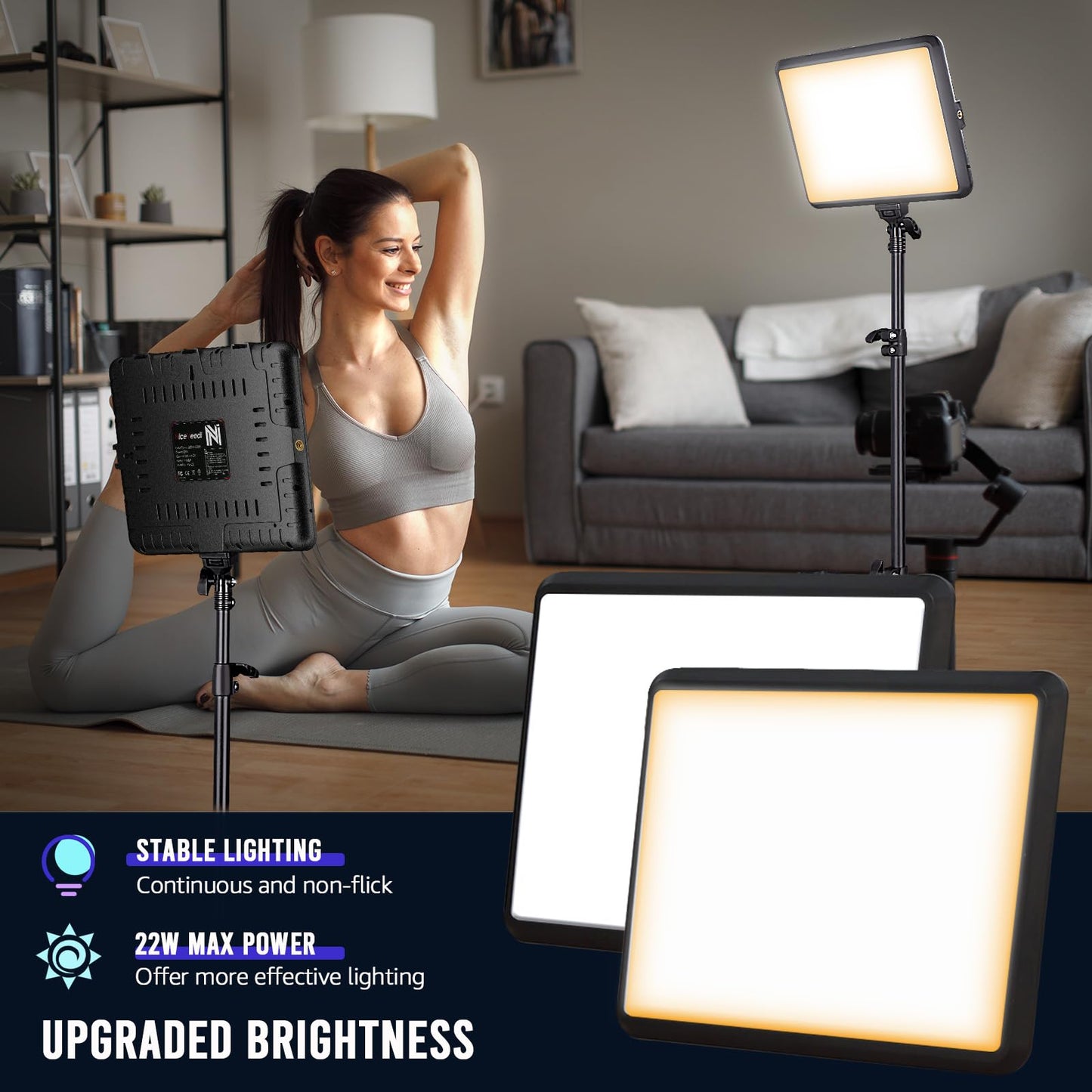 2-Pack LED Video Light Kit, NiceVeedi 2800-6500K Dimmable Continuous Photography Lighting with Tripod Stand & Phone Holder, 63” Studio Light for Video Recording, Shooting, Game Streaming, YouTube