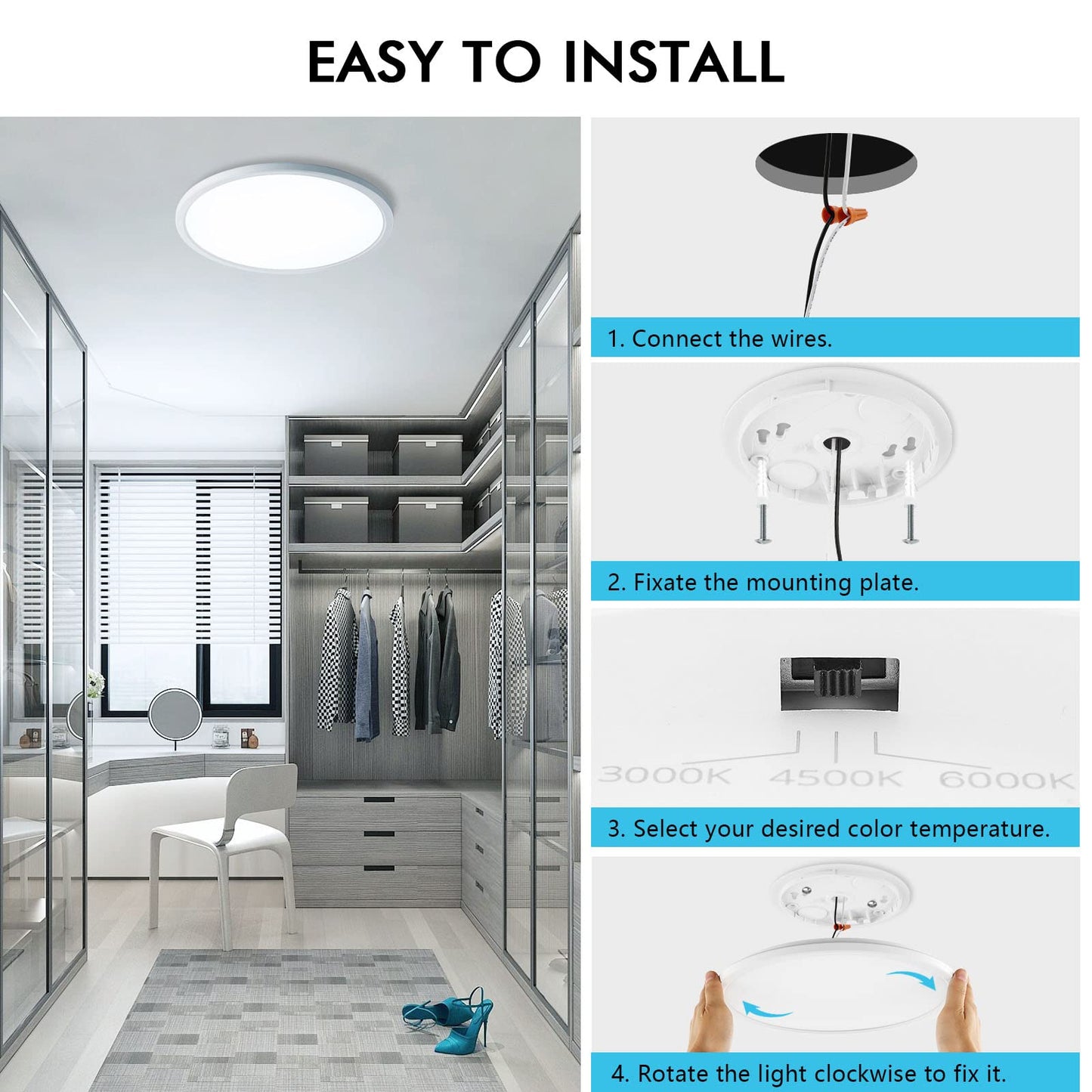 28W 3CCT Flush Mount LED Ceiling Light Fixtures Dimmable 12Inch, 3200LM Bright LED Ceiling Lights, 3000K/4500K/6000K, Low Profile Slim White Lamps for Bathroom Bedroom Kitchen Hallway, 2 Packs