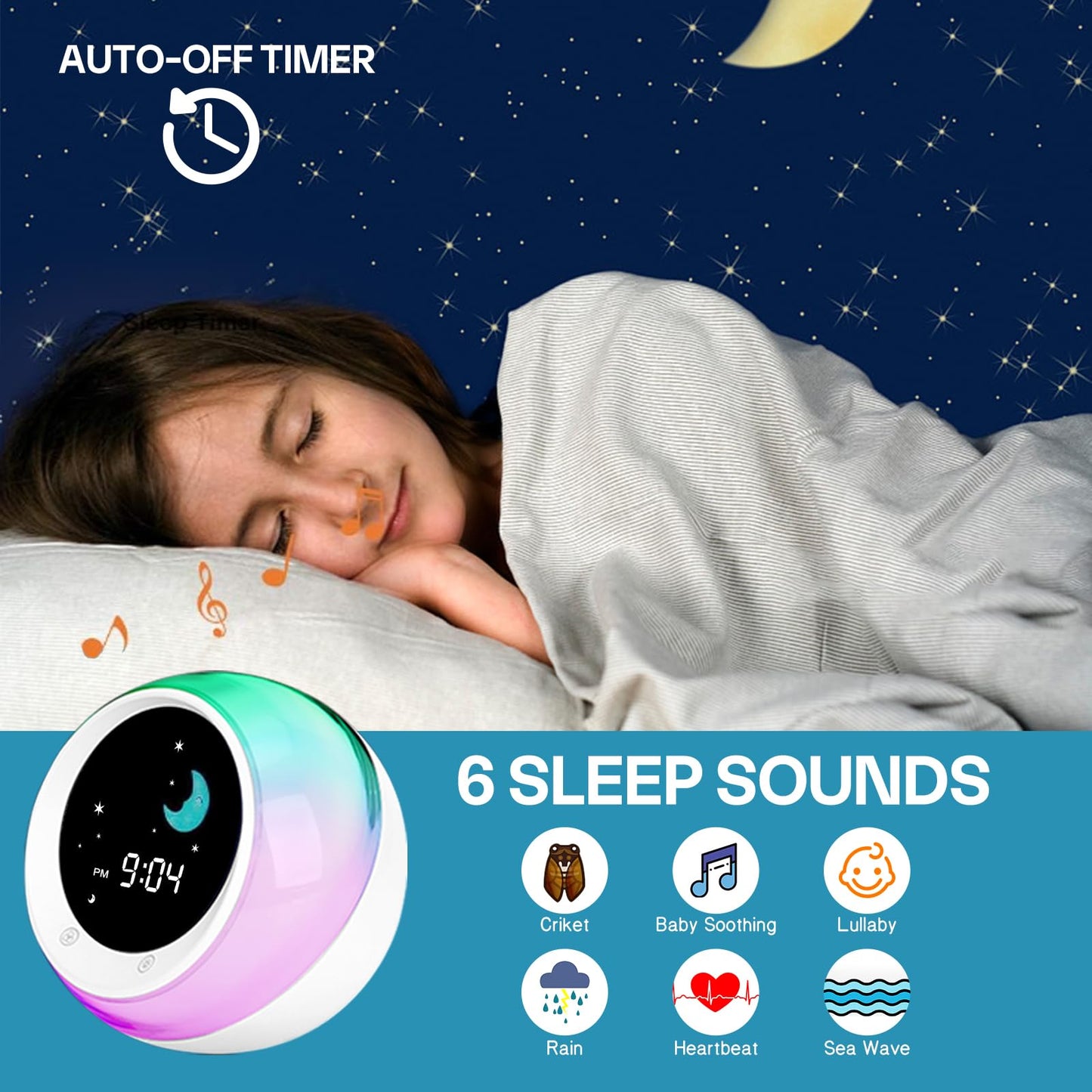 I.Code Sun & Moon Rise Kids Alarm Clock, Children's Sleep Trainer, Sleep Sound Machine, Wake Up Light & Night Light, Teach Kids Day & Night