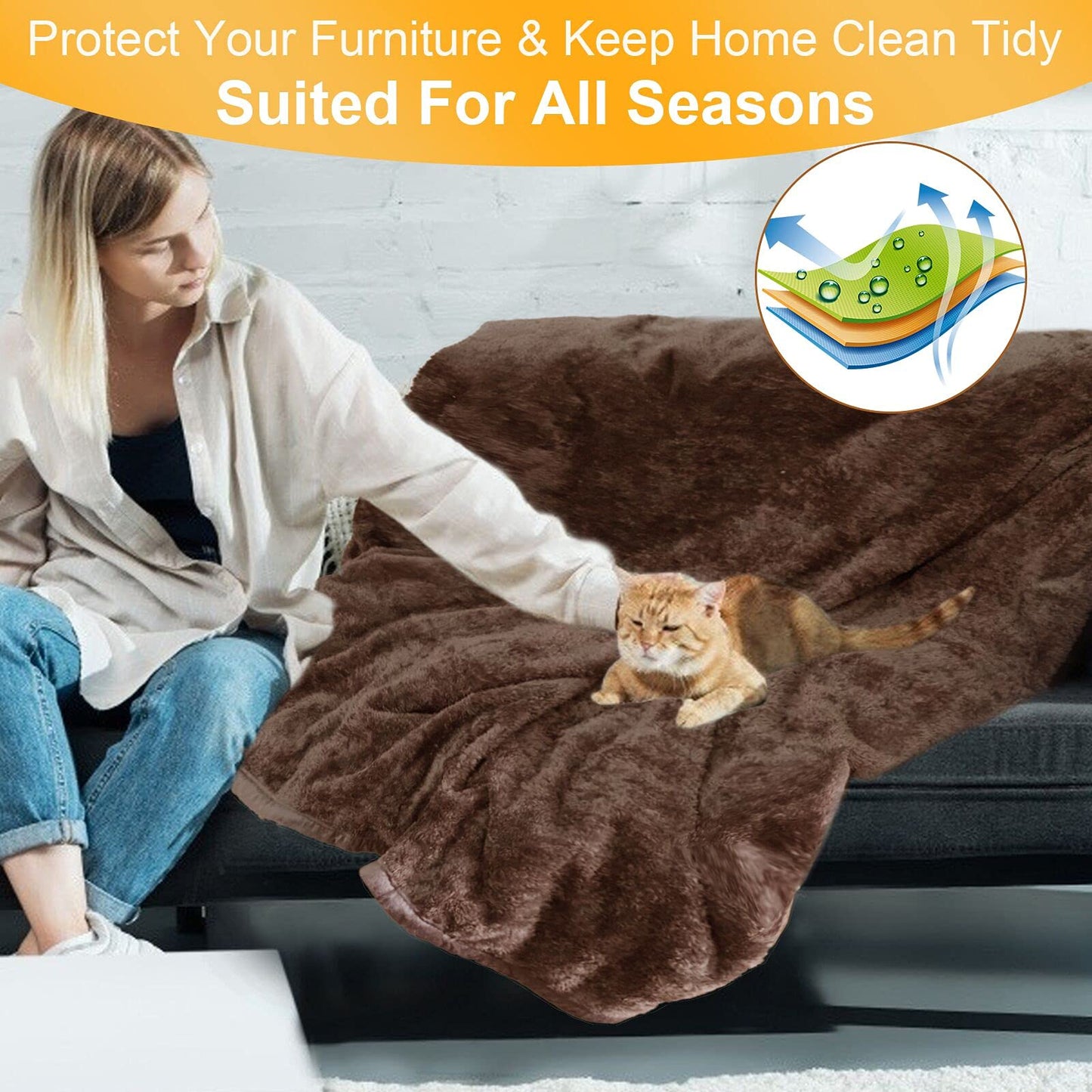 Dog Blanket Soft Fluffy Pet Blanket Waterproof Warm Cat Blanket Self-Warming Puppy Snuggle Blanket Warm Throw Pets Bed Blankets Dog Fuzzy Blankets for Sofa Travel 51.2 x 59”- Brown