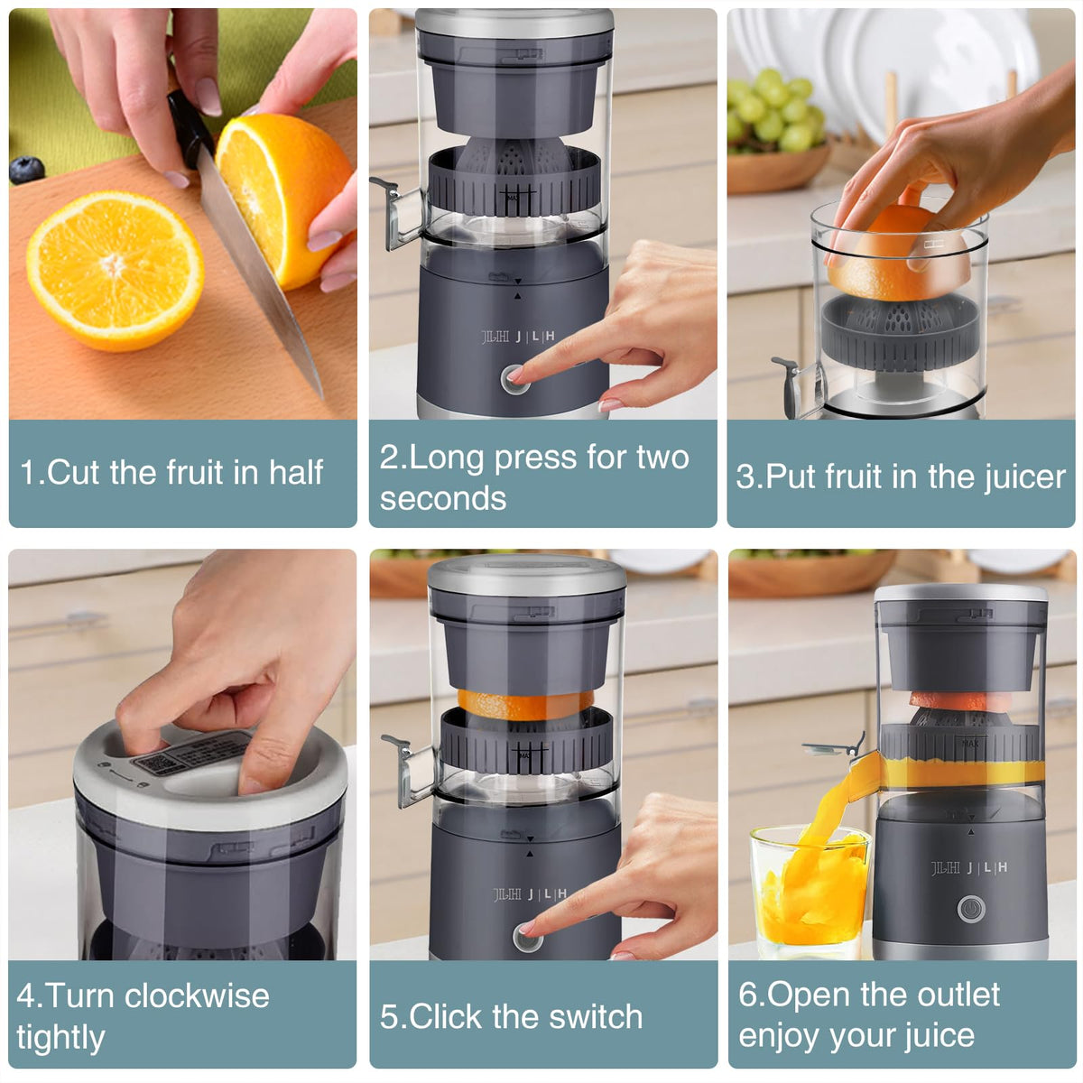 JLH Electric Citrus Juicer, Rechargeable Juicer Machines with USB and Cleaning Brush,portable electric Lemon Squeezer for Orange, Lemon,Lime, Grapefruit, Pomegranate, grapefruit(Grey) (Grey)