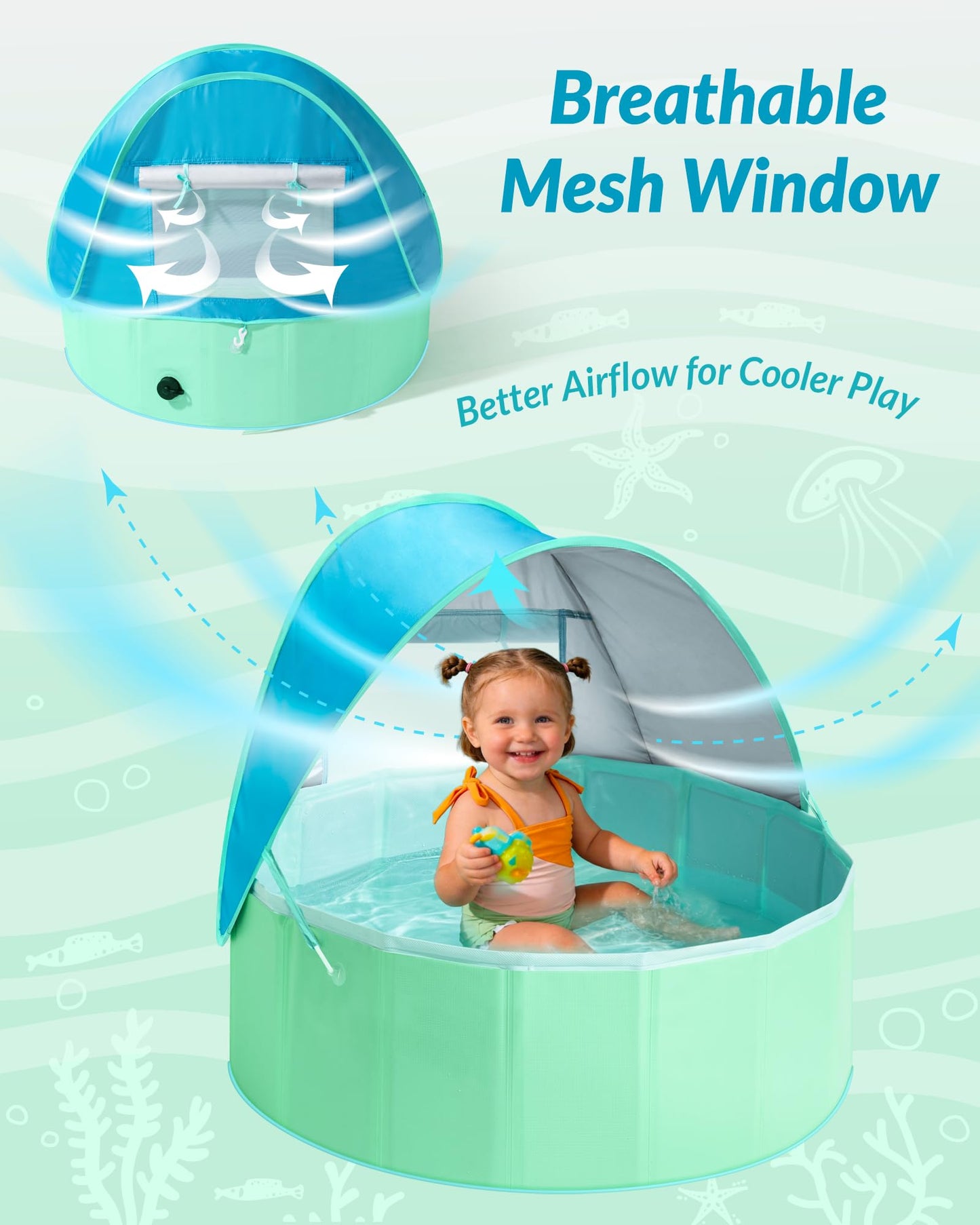 Hikiddy Foldable Kiddie Pool with Canopy: 31.5in Baby Pool (Blue&Mint, 31.5in)