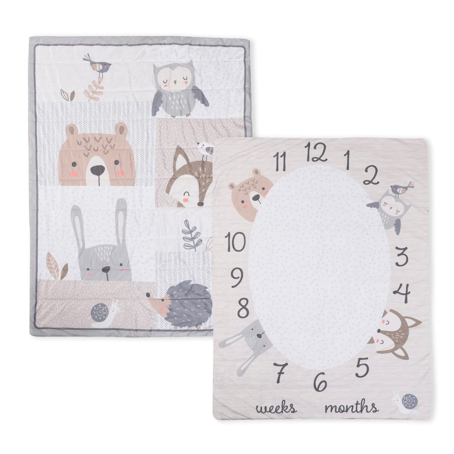 5 Piece Crib Bedding Set, Woodland EXPRESSIONS Includes Reversible Milestone Baby Blanket, 2 Standard Fitted Crib Sheets, Security Blanket & Storage Tote