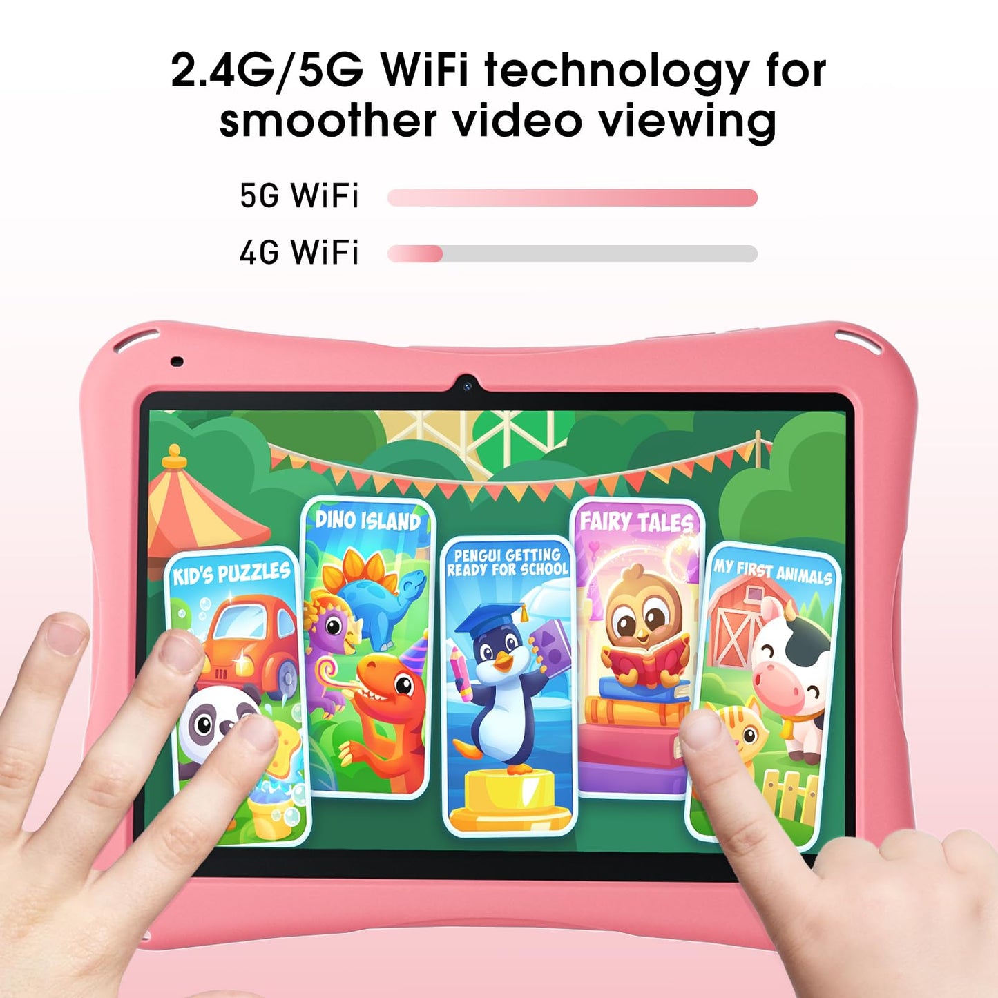 Android Tablet 10.1 inch,Tablet for Kids with Kids Case, 4(2+2) GB RAM 64GB ROM, 5000mAh, 1280 * 800 Display, Dual Camera, WiFi, Kidoz Pre Installed, Parental Control, Android 13, Pink