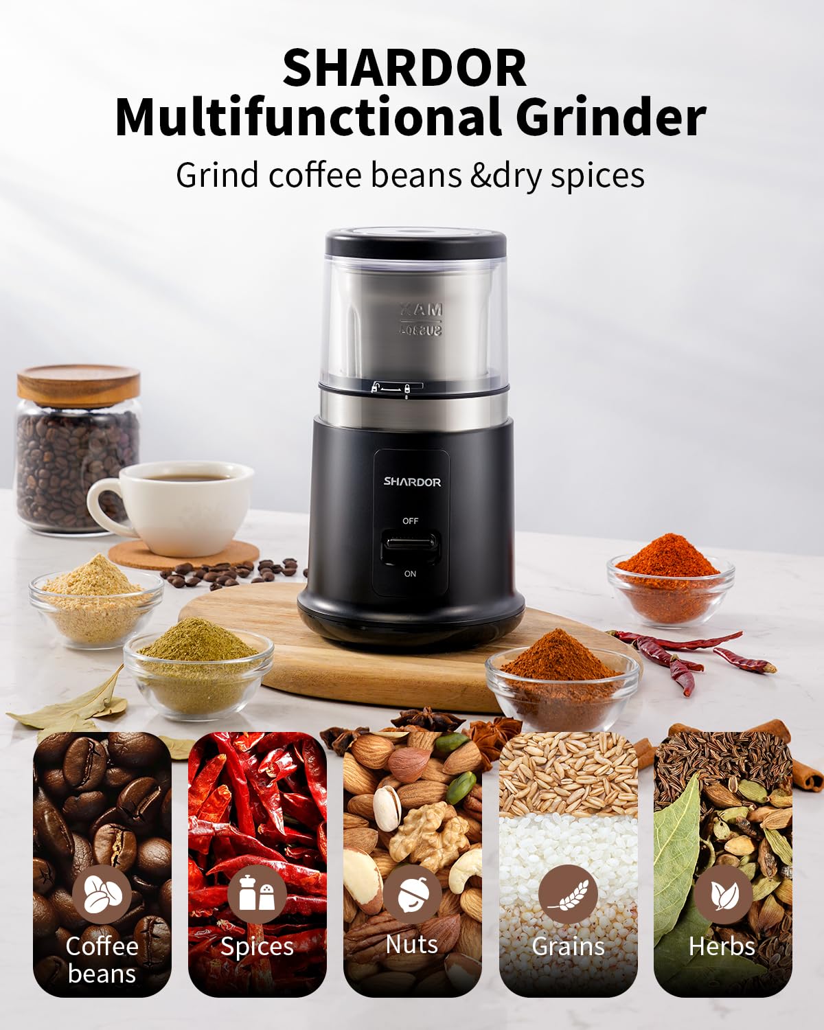 SHARDOR One Touch Coffee Grinder Electric, Spice, Herb, for Coffee Bean Spices and Seeds with 1 Removable Stainless Steel Bowl, Dry Grinder, Black