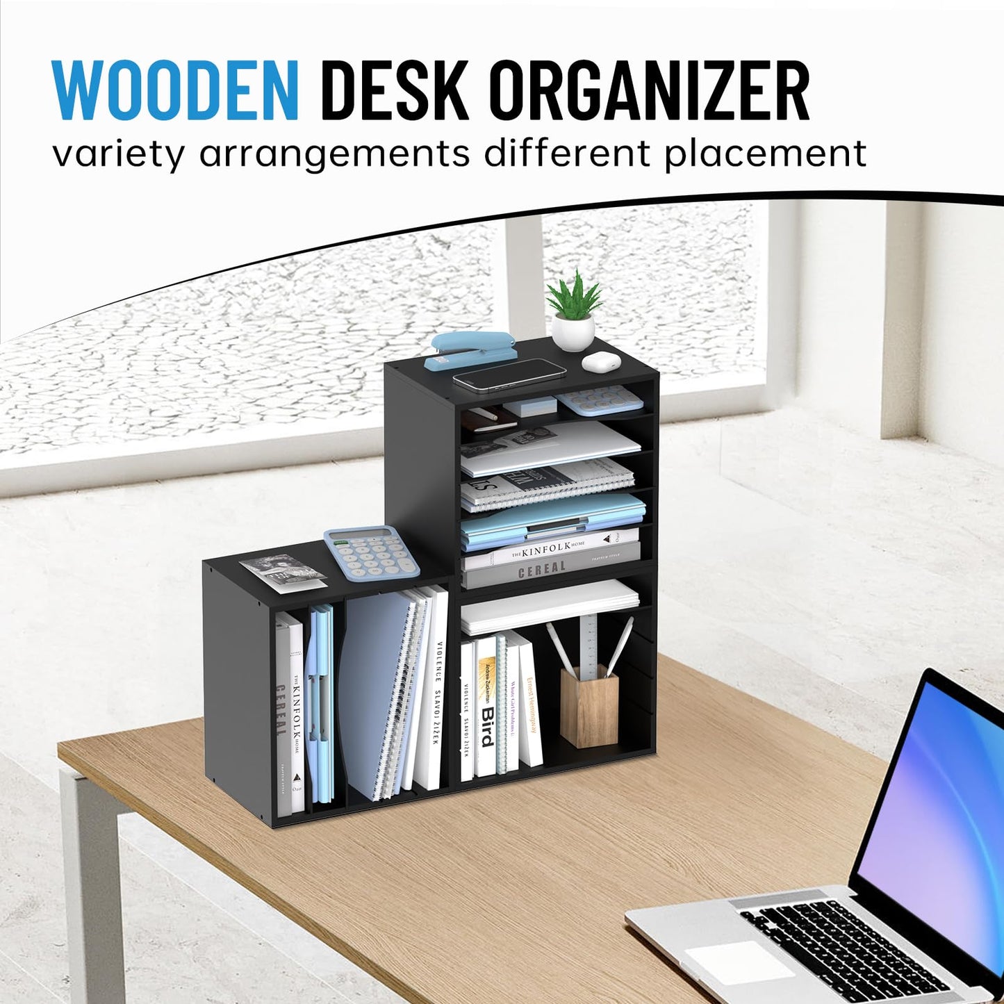 SHARKWOODS 5-Tier Wood Desk Organizer, Paper Sorter for Desktop with Adjustable Storage Shelves, Desktop Mail Holder for Office Home Classroom, Black