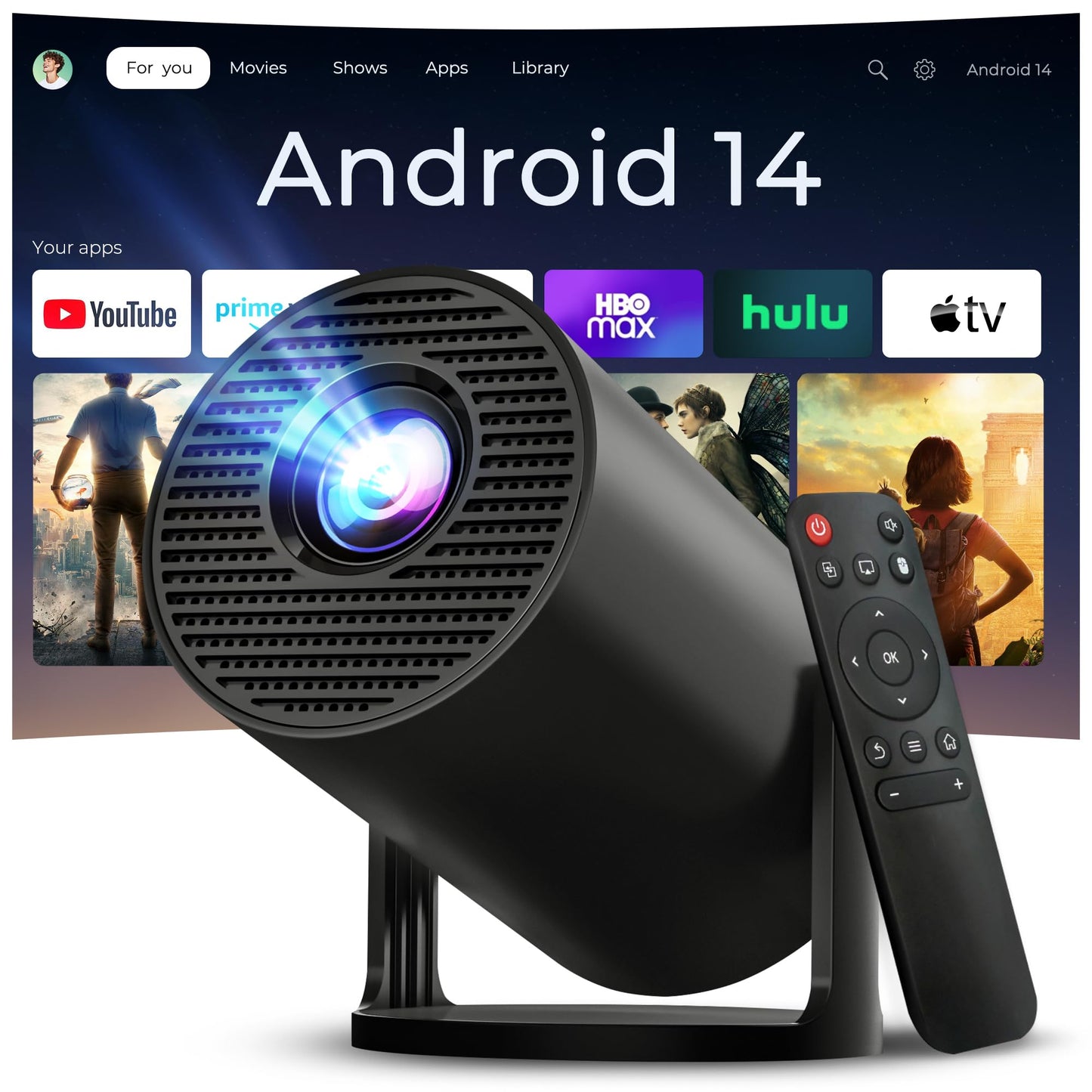 Mini Projector with WiFi 6 and Bluetooth 5.4, Built-in Android 14, Auto Keystone, Portable Smart Projector 4K Supported, 2026 Upgrade HY300pro+ Small Movie Projector X1 Black