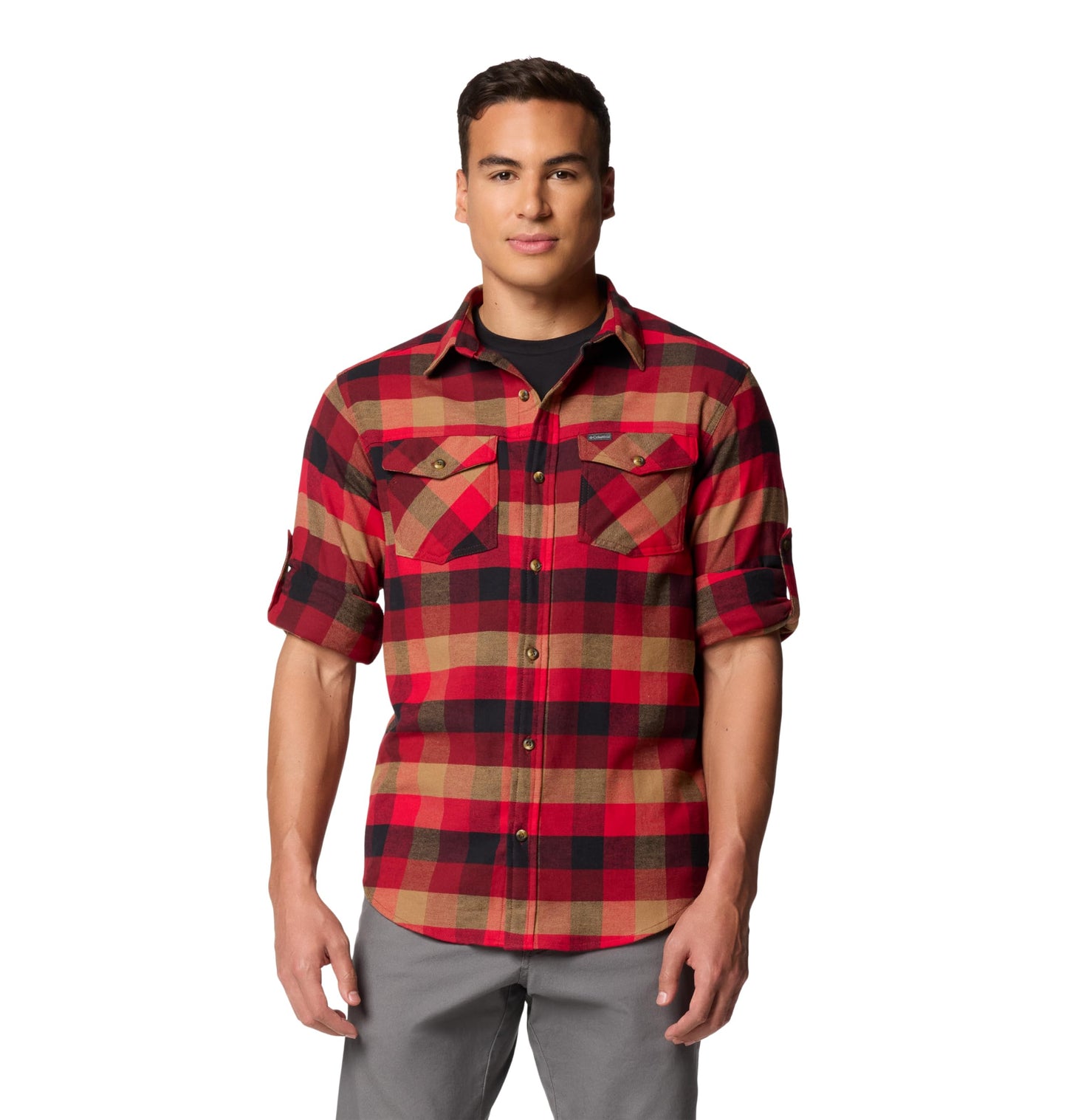 Columbia Men’s Bearmouth Springs Roll Up Flannel Long Sleeve Shirt, Red Jasper Buffalo Check, Large