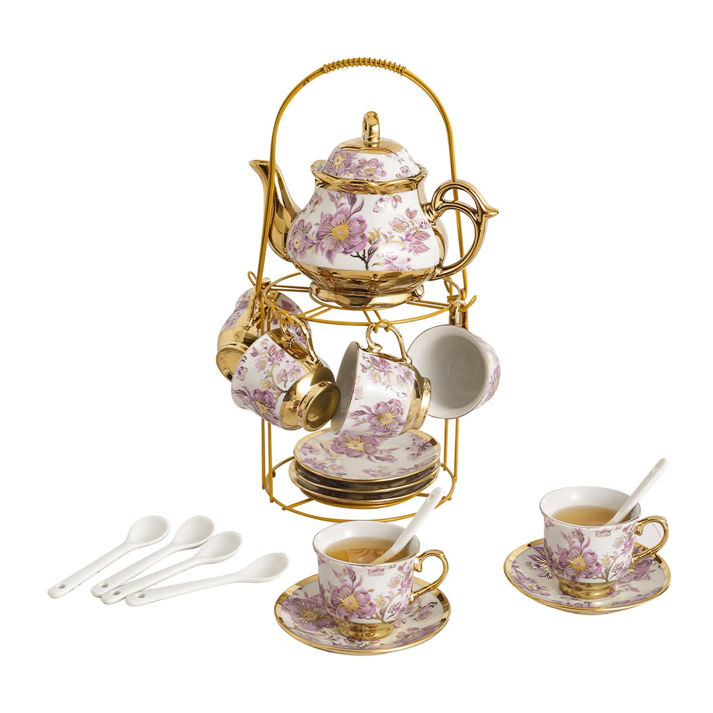 20Pcs Porcelain Tea Set for Adults, European Ceramic Tea Set Flower Ceramic Tea Cups (3oz), Teapot (15oz), & Saucers with Metal Holder for Women Tea Party (Purple)